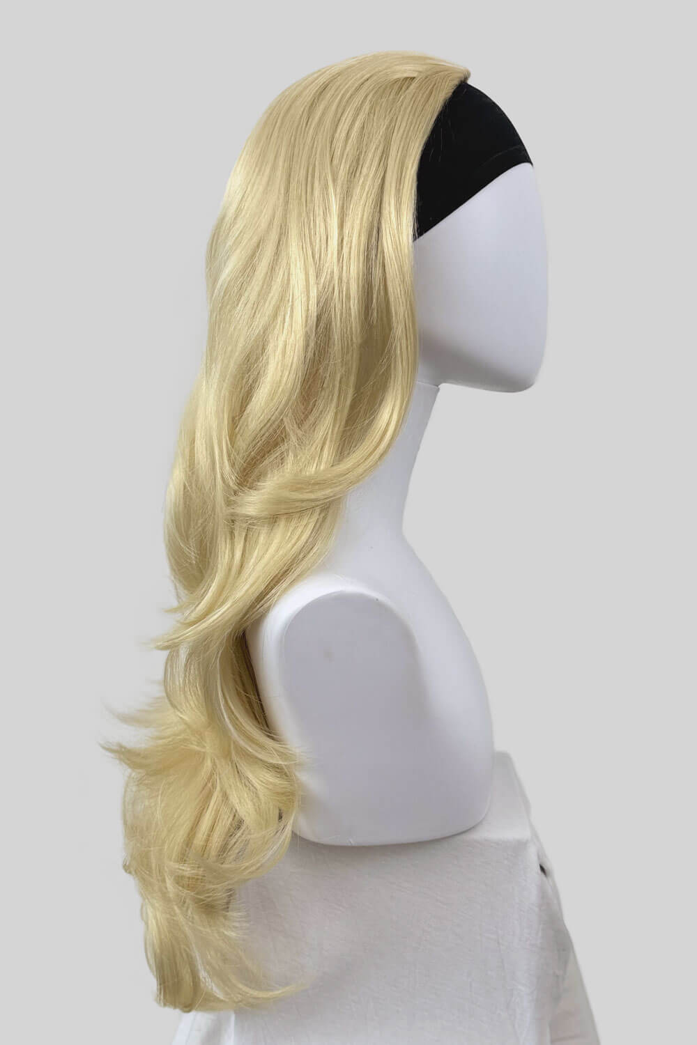 Long blonde half wig hairpiece (3/4 wig) loose curls: Frankii creamy blonde 613 in profile