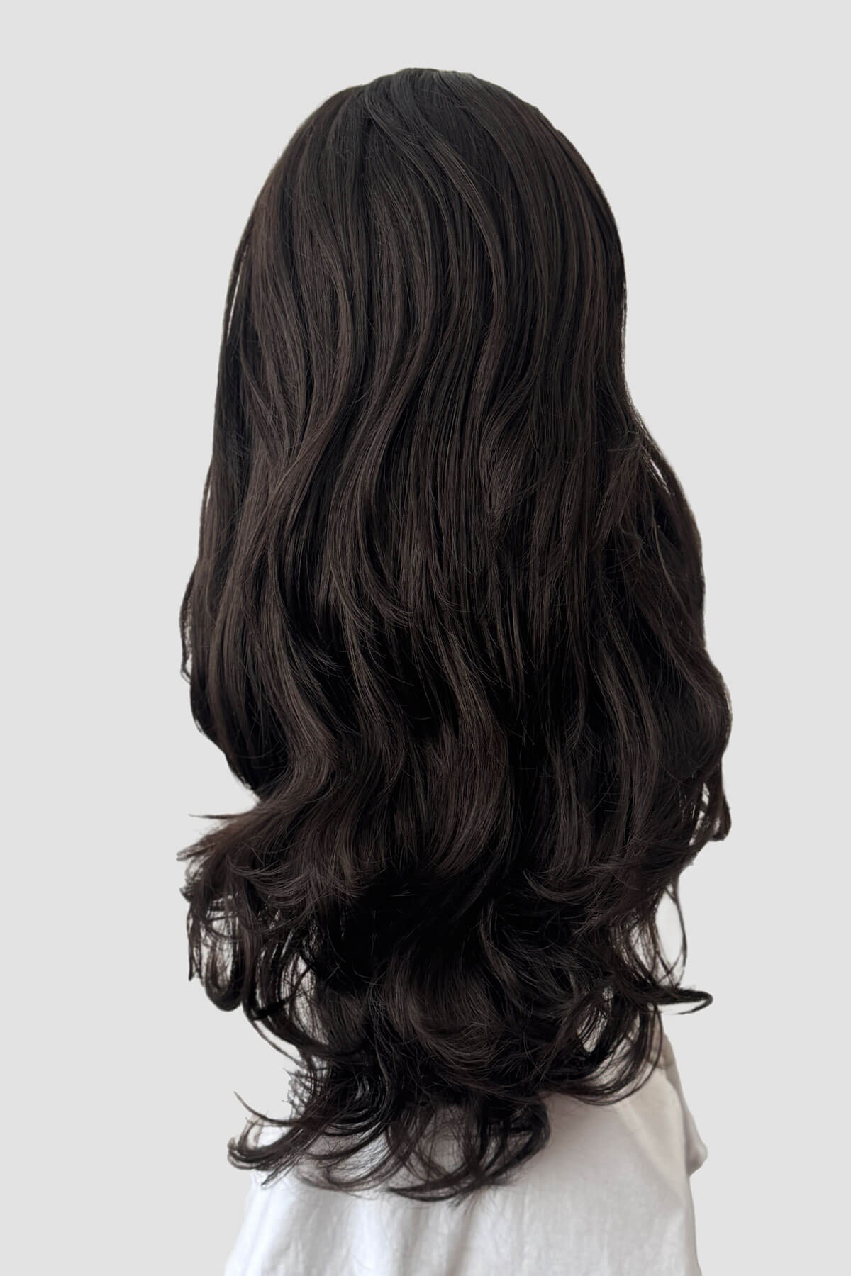 Dark brown half wig on a mannequin. Chelsea - Super Full Volume, Extra Long Loose Curls Brown  Half Wig dark brown 4