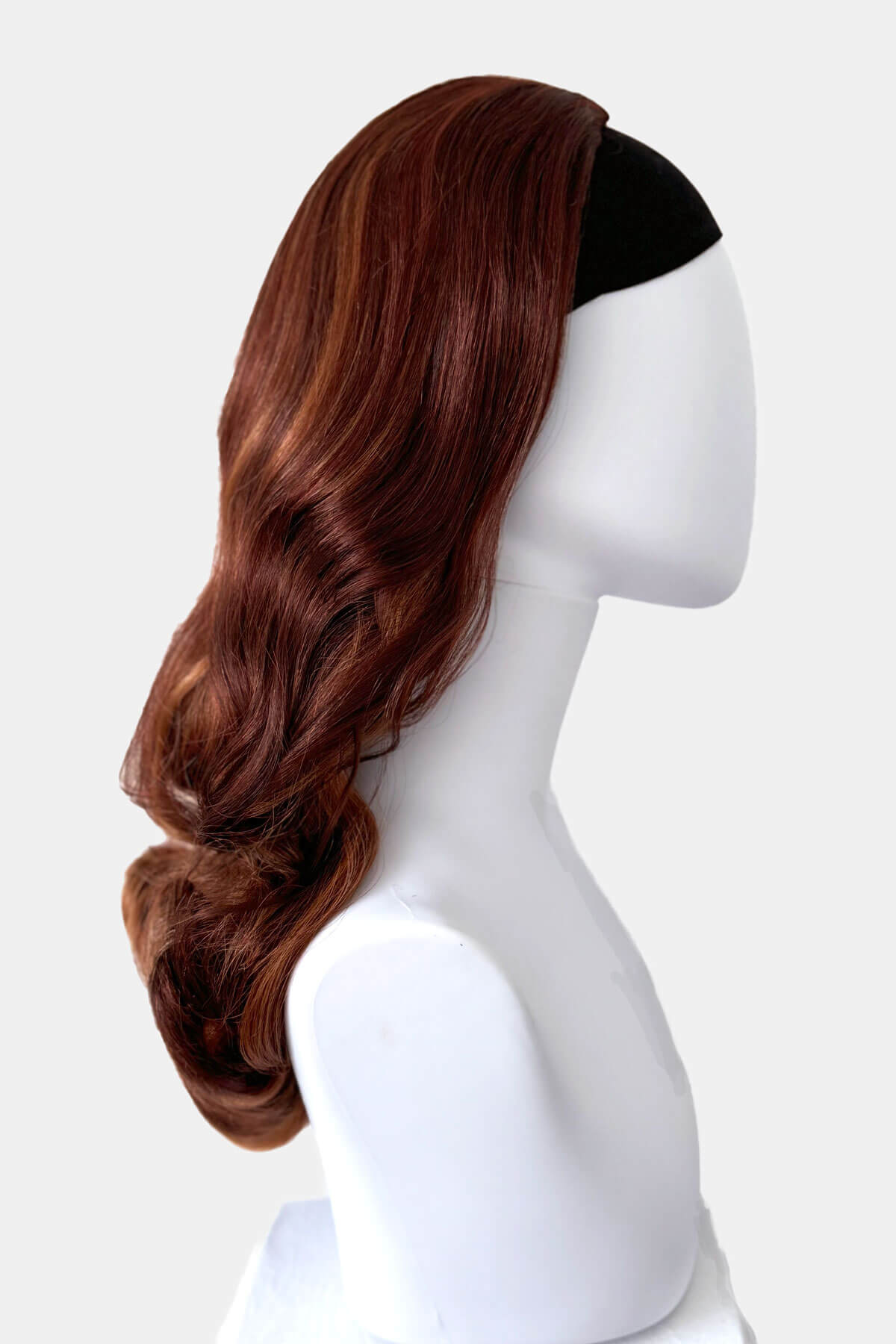 Auburn and blonde wig on a mannequin head against a white background. 1950s style half wig hairpiece with beautiful waves: Morgana auburn BO
