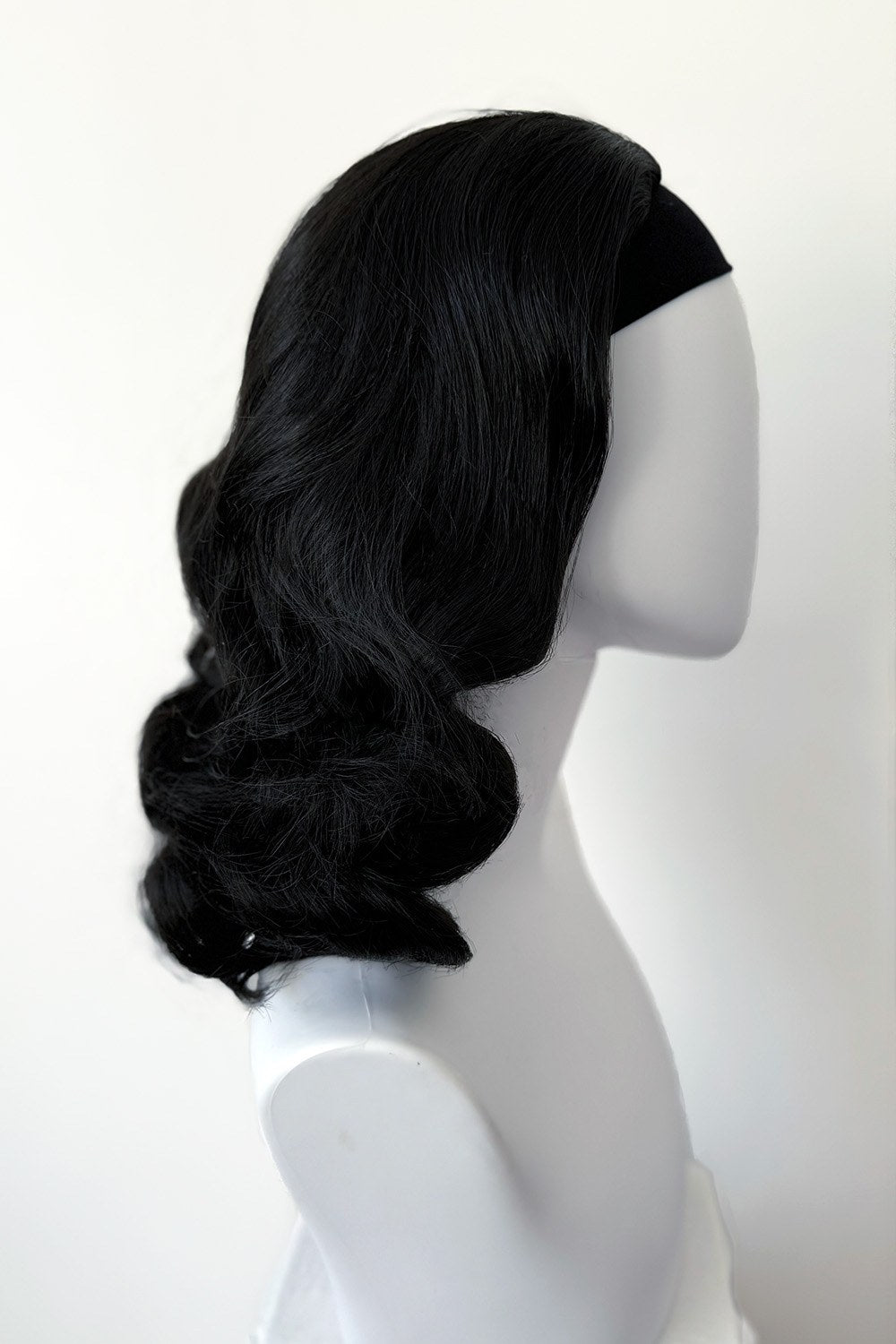 1950s style shoulder length half wig hairpiece with beautiful vintage waves: Onyx colour black 1B