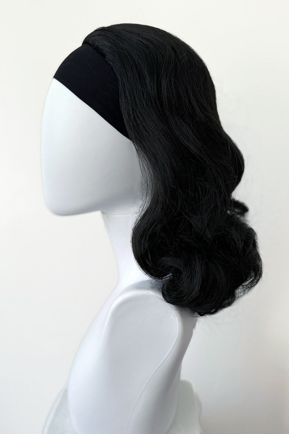 1950s style shoulder length half wig hairpiece with beautiful vintage waves: Onyx colour black 1B