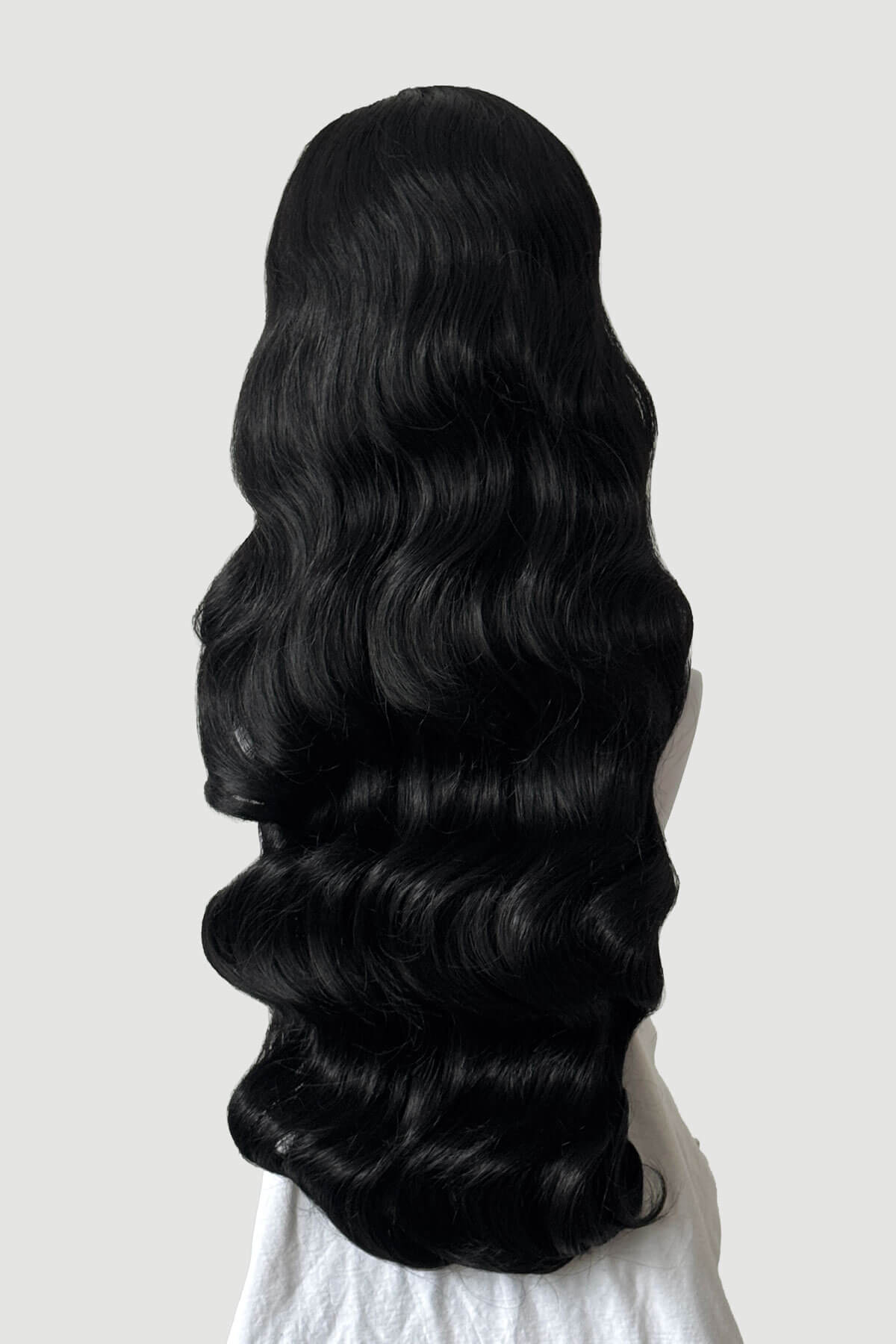 Mannequin with long wavy black half wig. Ultra long half wig with hollywood waves. black 1B