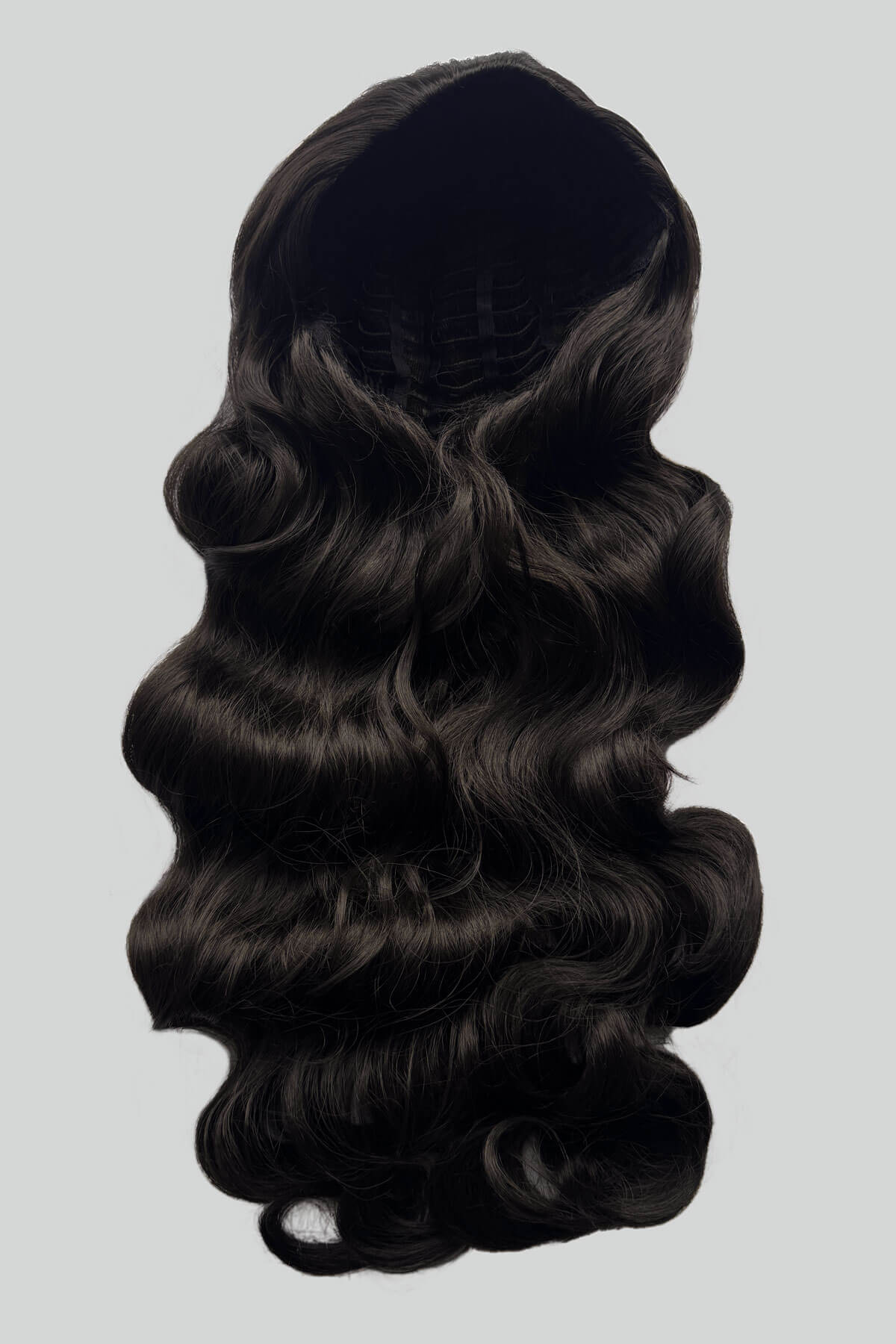 Mannequin head with long, dark brown hair styled in a ponytail on a plain background. Ultra long half wig with hollywood waves. dark brown 4