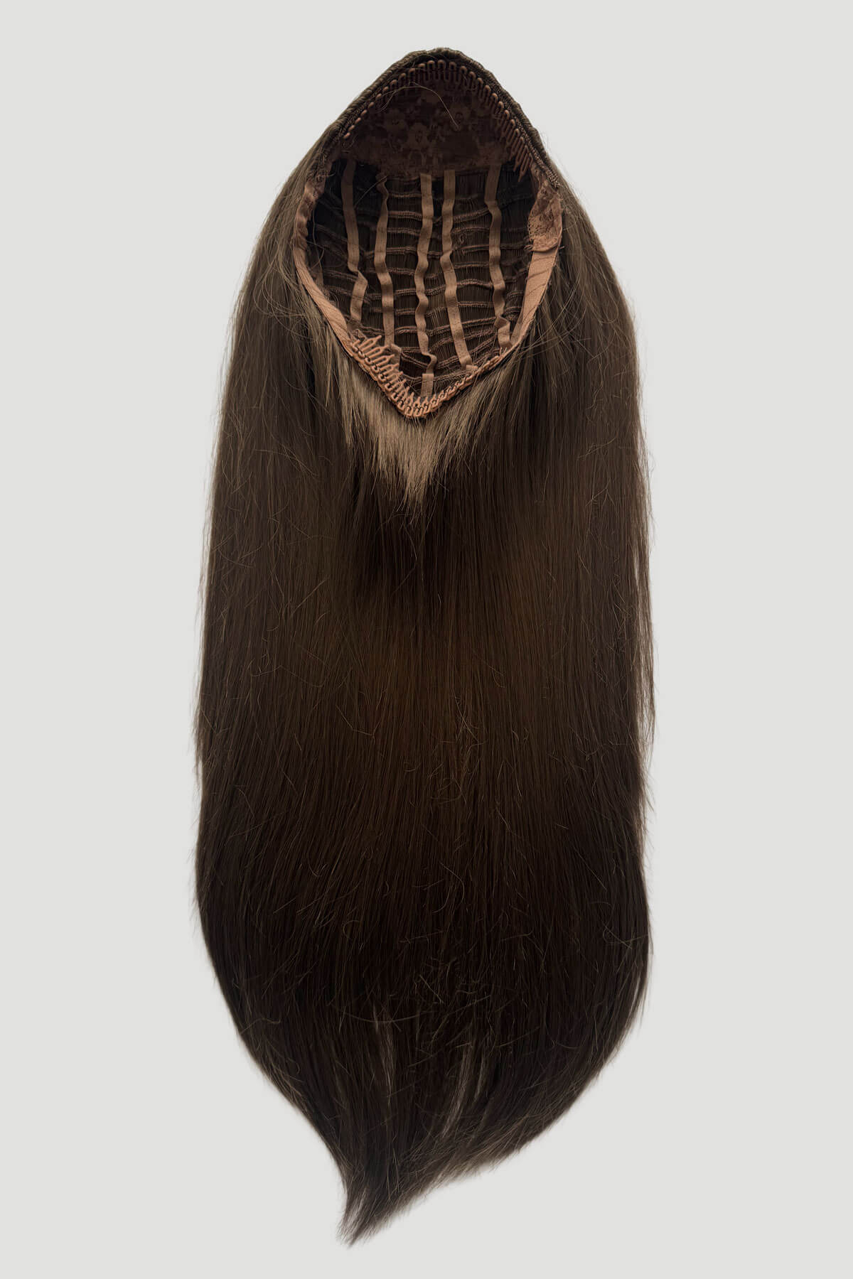 Brown hair extension on a white background.  Straight brown half wig hairpiece extension, long: Faye Mocha brown 10