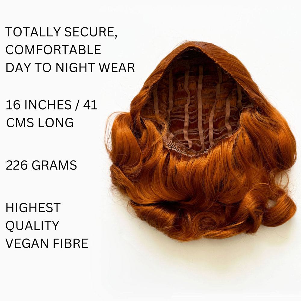 1950s style shoulder length half wig hairpiece with beautiful vintage waves: Onyx ginger info