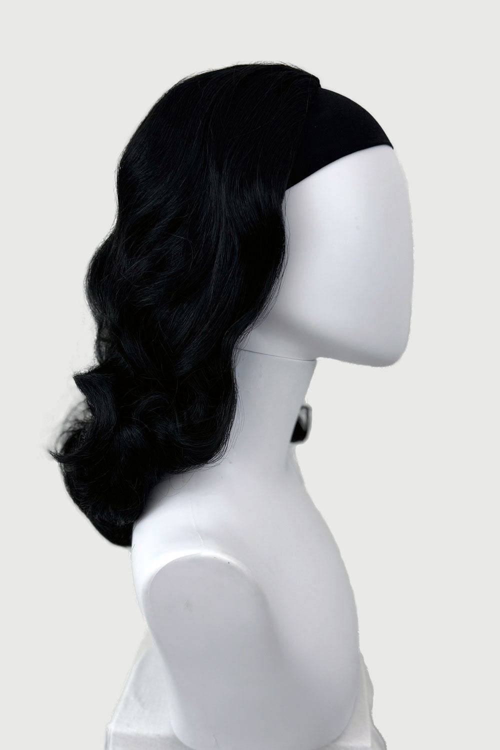 1950s style shoulder length half wig hairpiece with beautiful vintage waves: Onyx colour jet black 1