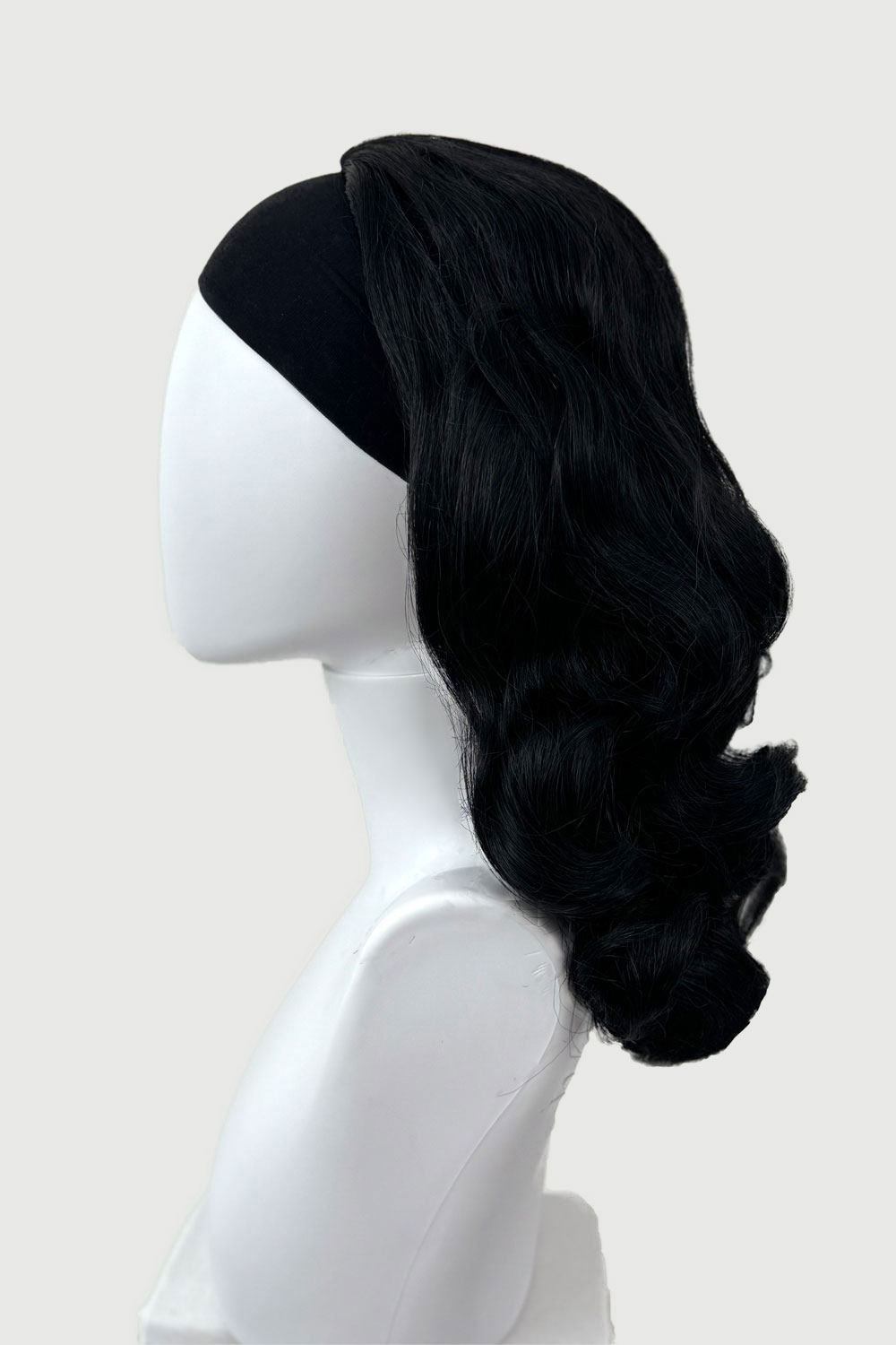 1950s style shoulder length half wig hairpiece with beautiful vintage waves: Onyx colour jet black 1