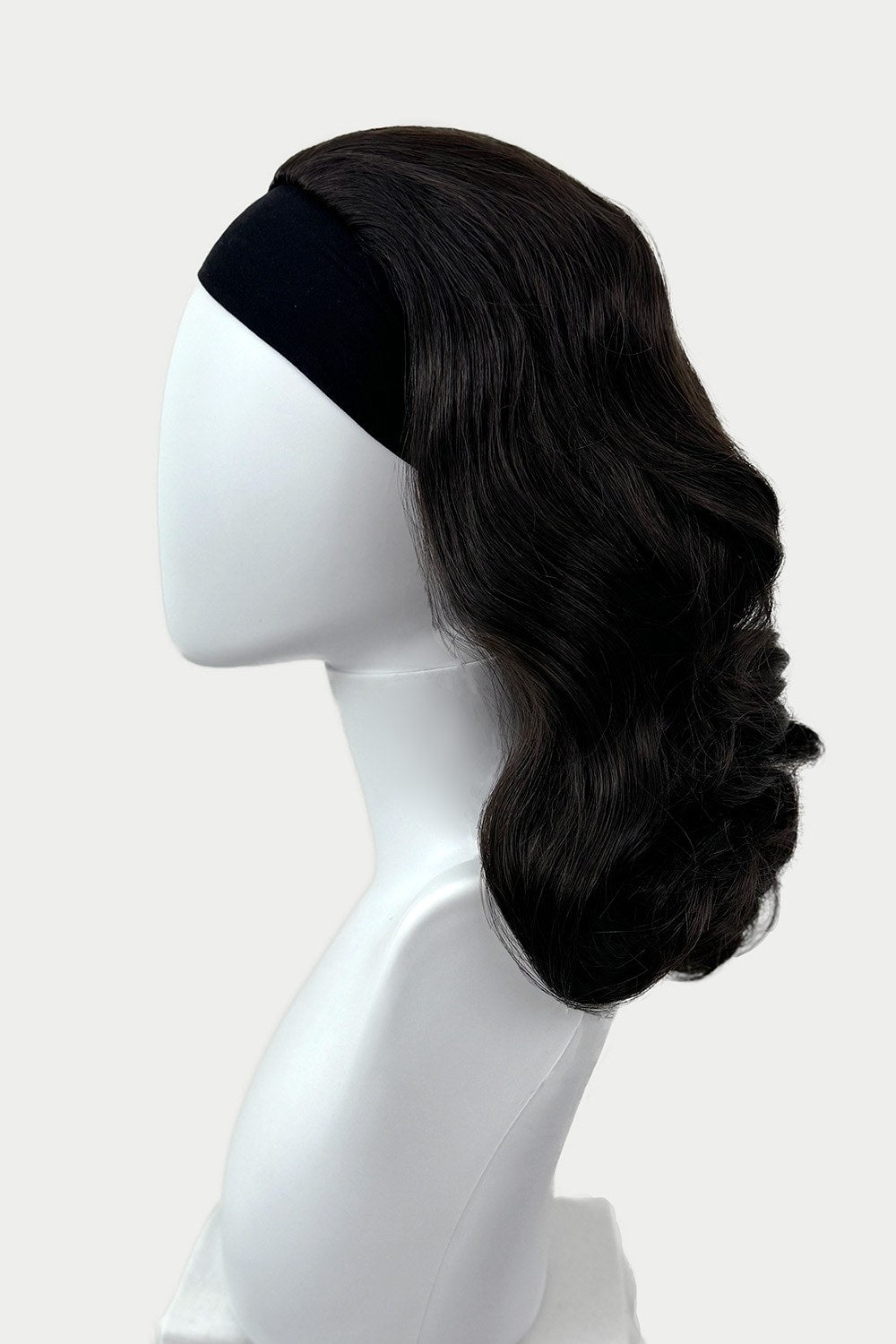 1950s style shoulder length half wig hairpiece with beautiful vintage waves: Onyx dark brown 4