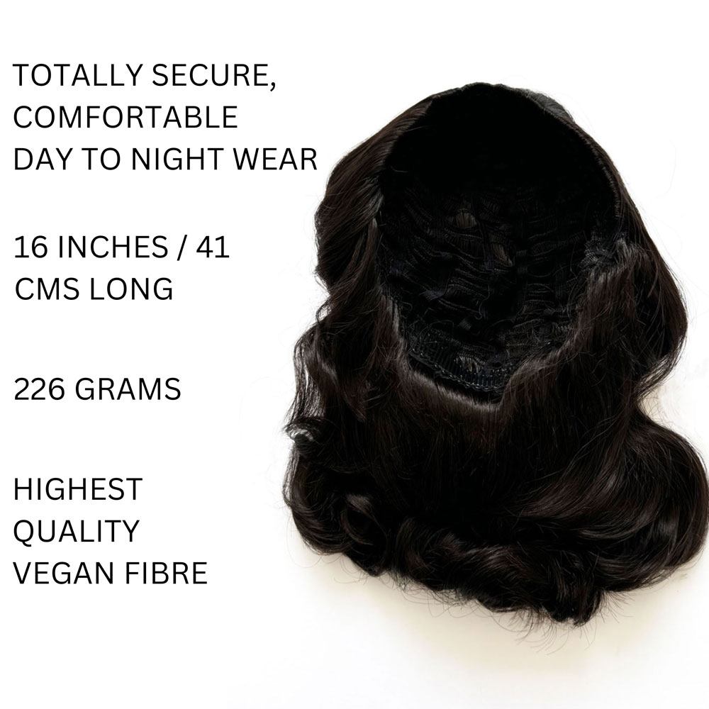 1950s style shoulder length half wig hairpiece with beautiful vintage waves: Onyx dark brown 4 info