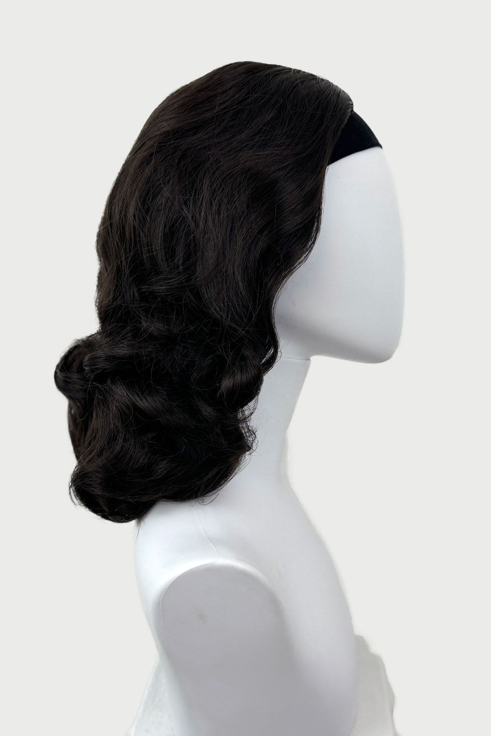 1950s style shoulder length half wig hairpiece with beautiful vintage waves: Onyx dark brown 4