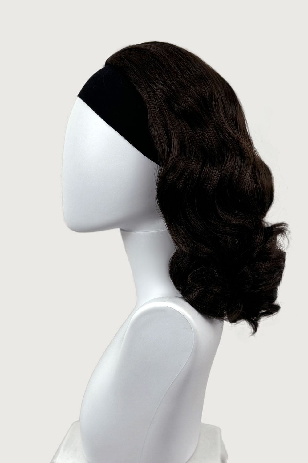 1950s style shoulder length half wig hairpiece with beautiful vintage waves: Onyx dark chocolate brown 6 from the side