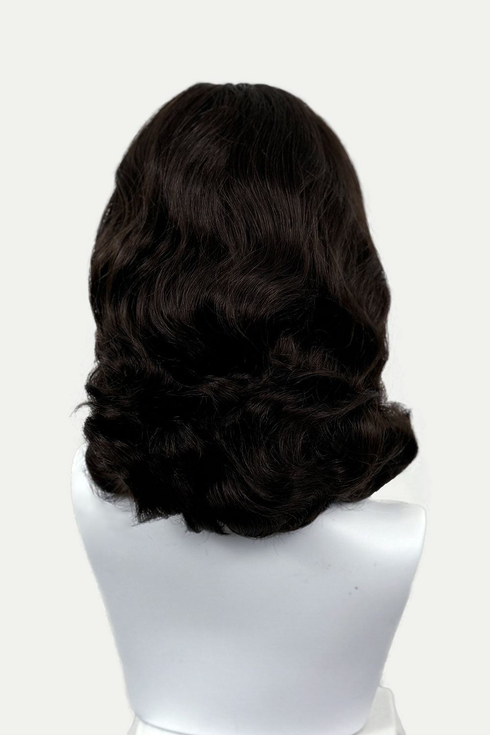 1950s style shoulder length half wig hairpiece with beautiful vintage waves: Onyx dark chocolate brown 6 from the back