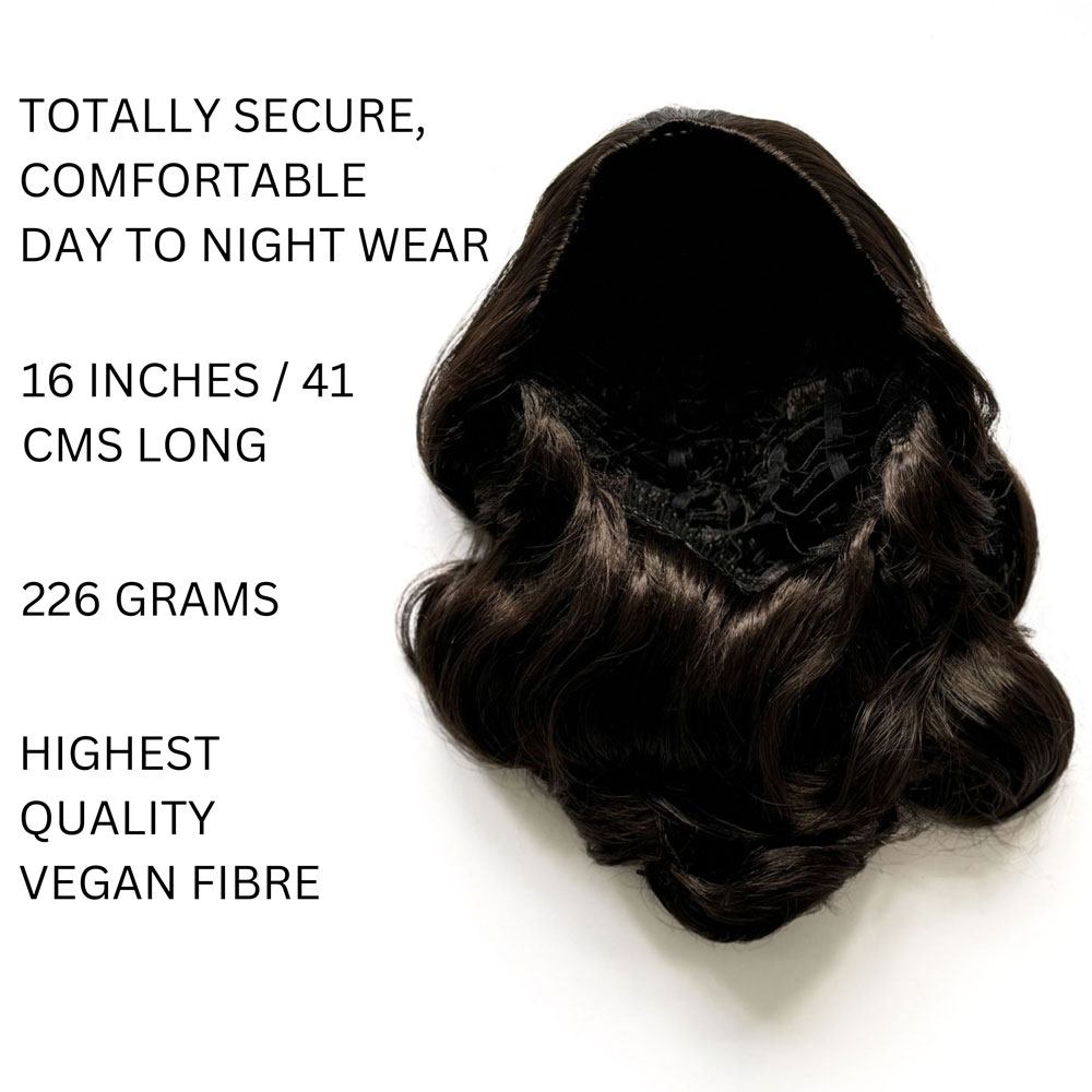 1950s style shoulder length half wig hairpiece with beautiful vintage waves: Onyx dark chocolate brown 6 info
