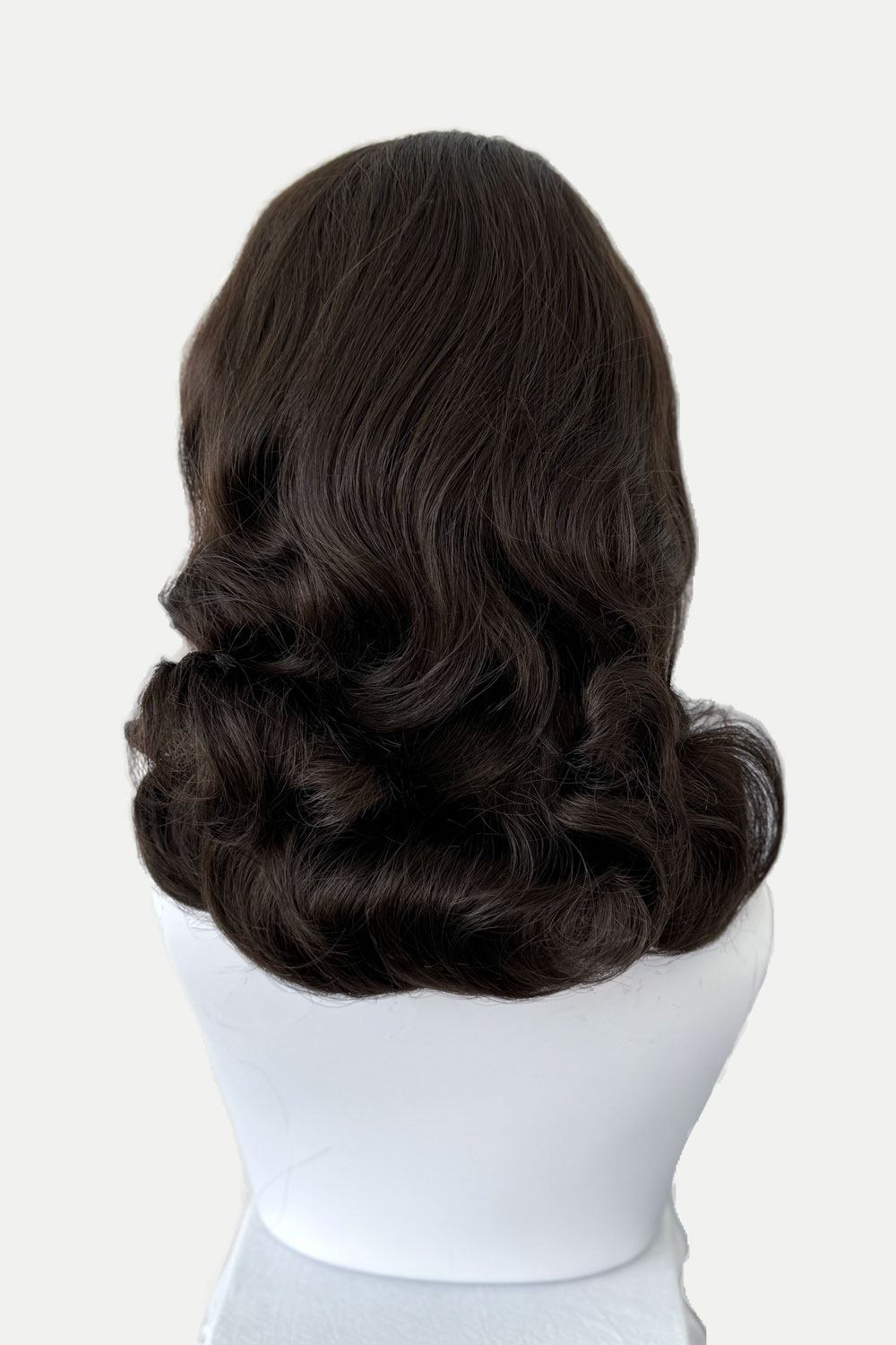 half wig Onyx1950s style shoulder length half wig hairpiece with beautiful vintage waves: Onyx chestnut brown 8 from the back
