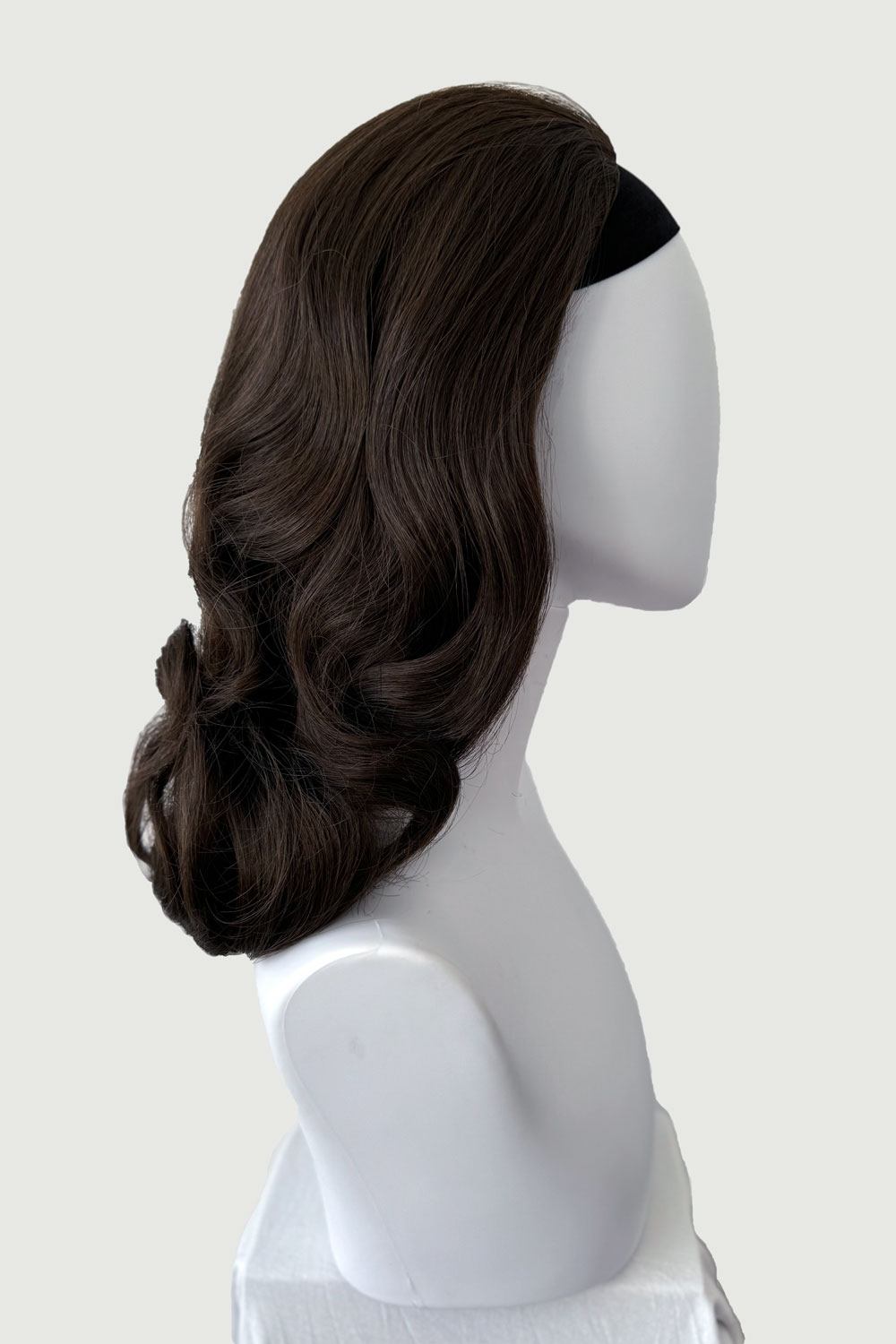 half wig Onyx1950s style shoulder length half wig hairpiece with beautiful vintage waves: Onyx chestnut brown 8 from the side