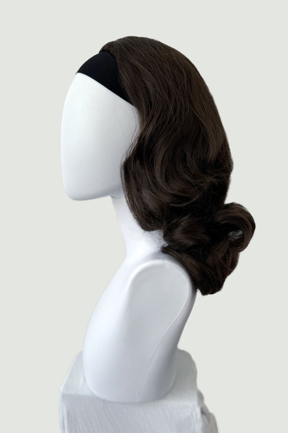 half wig Onyx1950s style shoulder length half wig hairpiece with beautiful vintage waves: Onyx chestnut brown 8 from the side