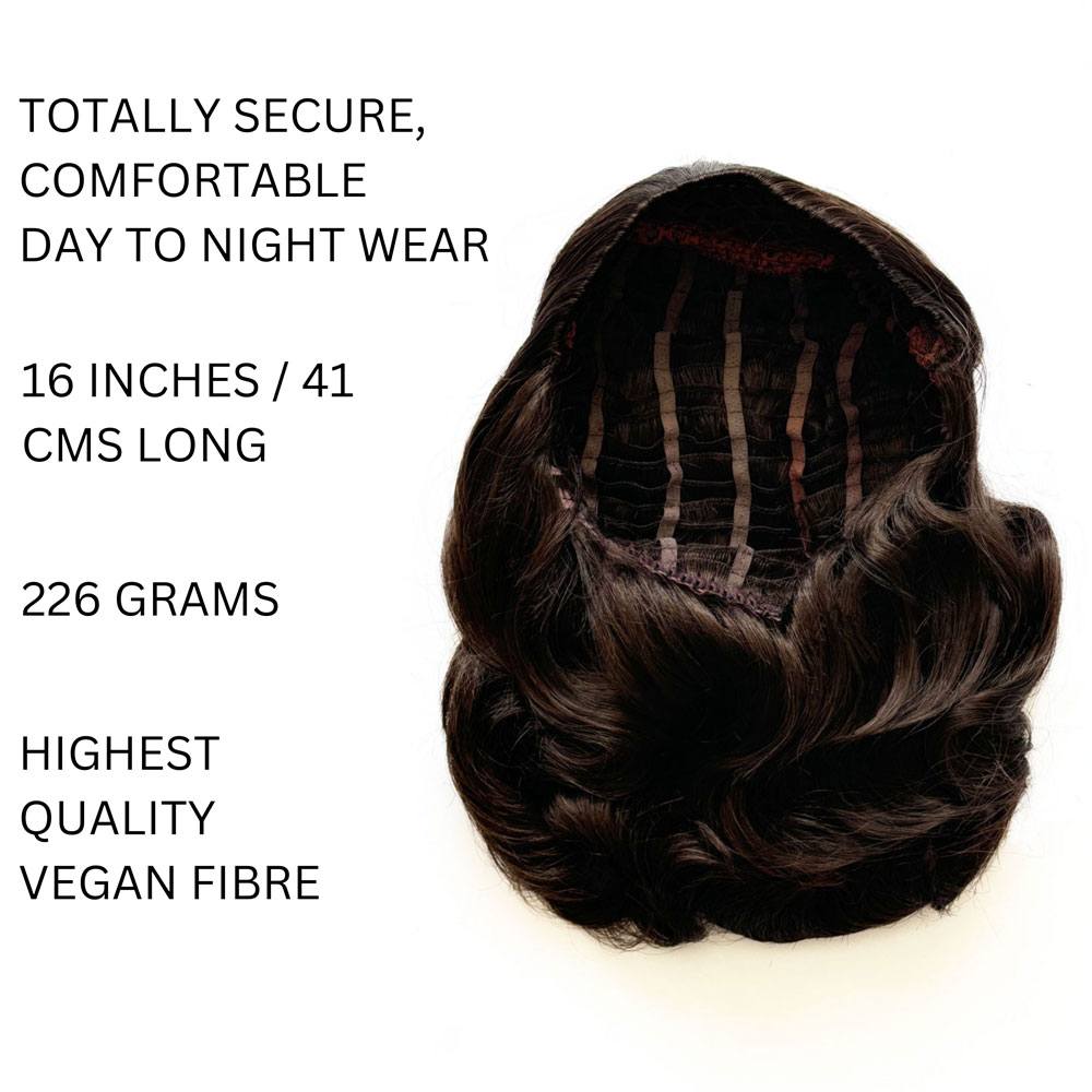 half wig Onyx1950s style shoulder length half wig hairpiece with beautiful vintage waves: Onyx chestnut brown 8 info