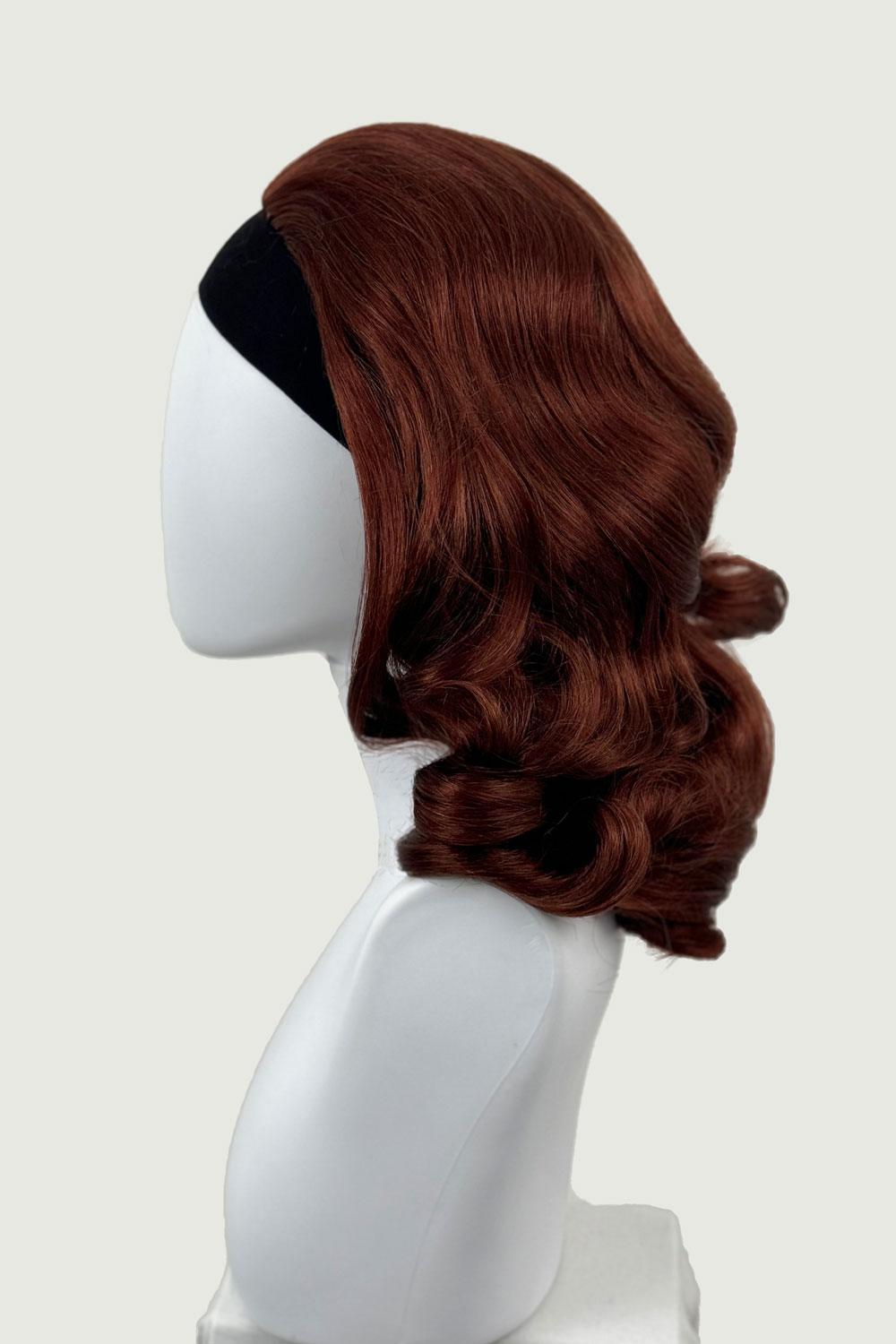 1950s style shoulder length half wig hairpiece with beautiful vintage waves: Onyx copper red 130 from the side