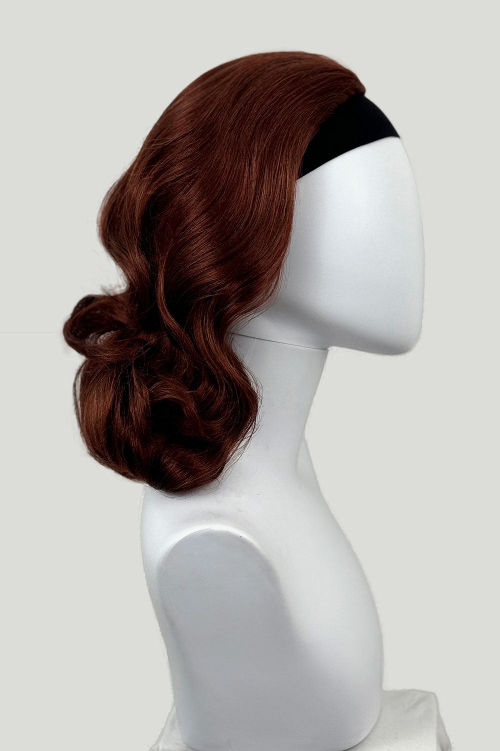 1950s style shoulder length half wig hairpiece with beautiful vintage waves: Onyx copper red 130 from the side