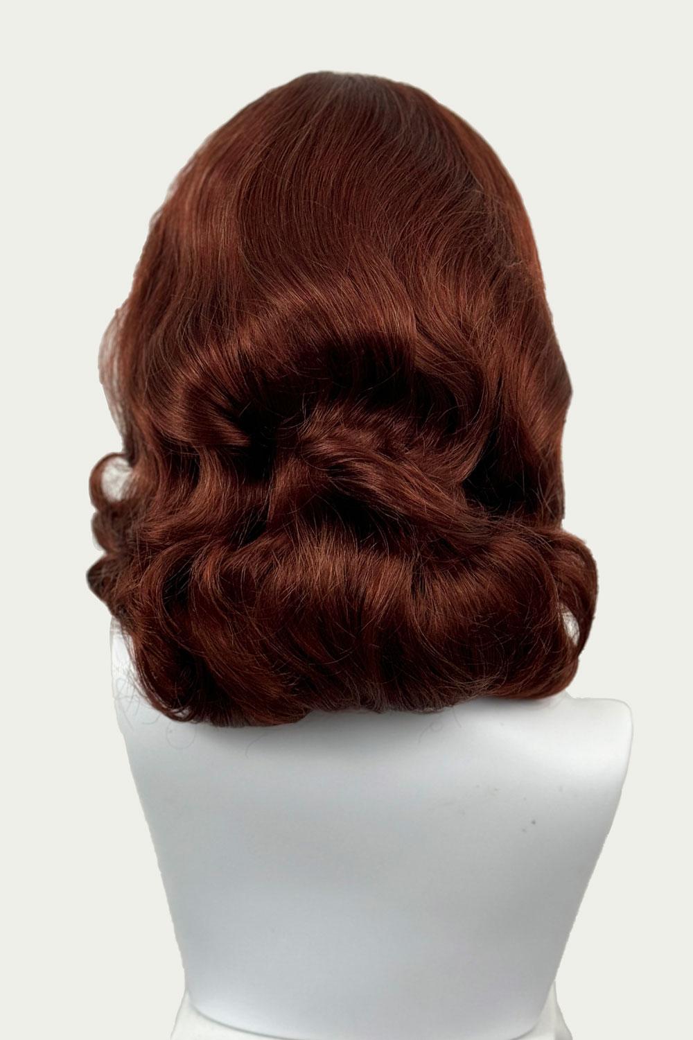 1950s style shoulder length half wig hairpiece with beautiful vintage waves: Onyx copper red 130 from the back