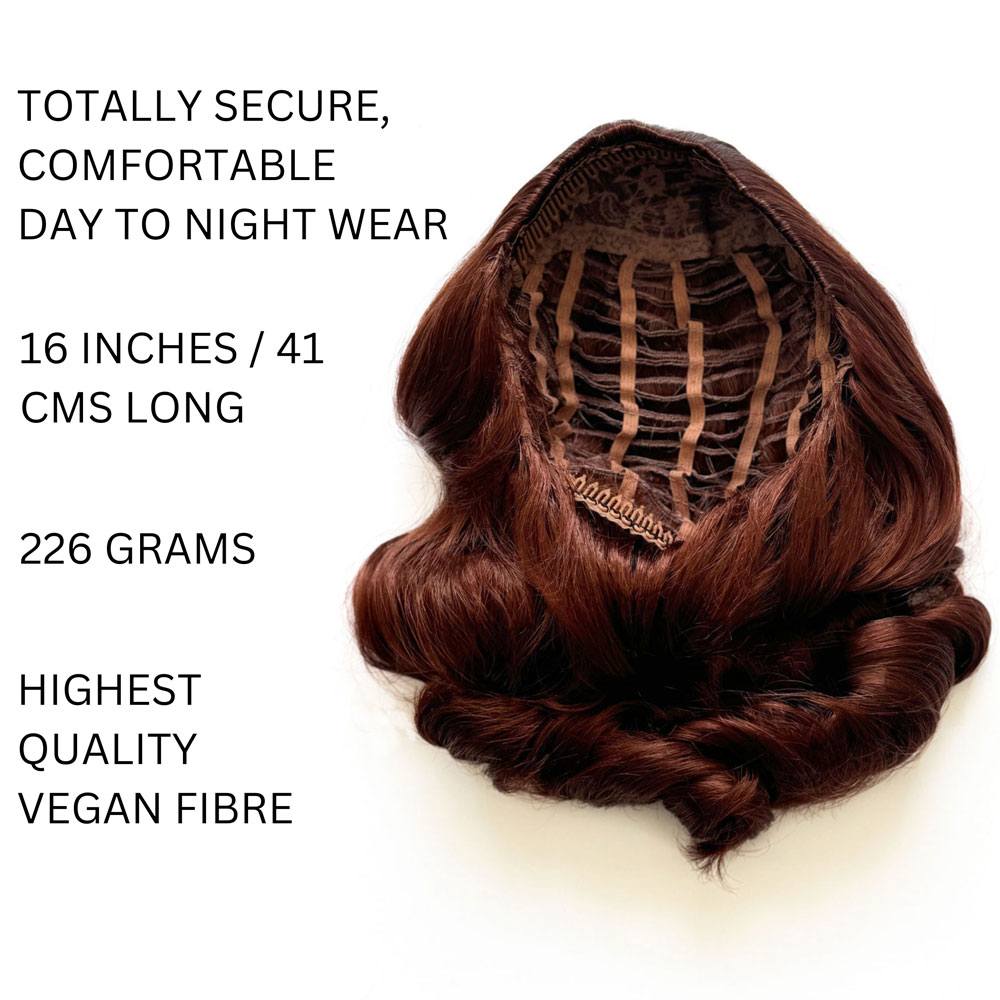 1950s style shoulder length half wig hairpiece with beautiful vintage waves: Onyx copper red 130 info