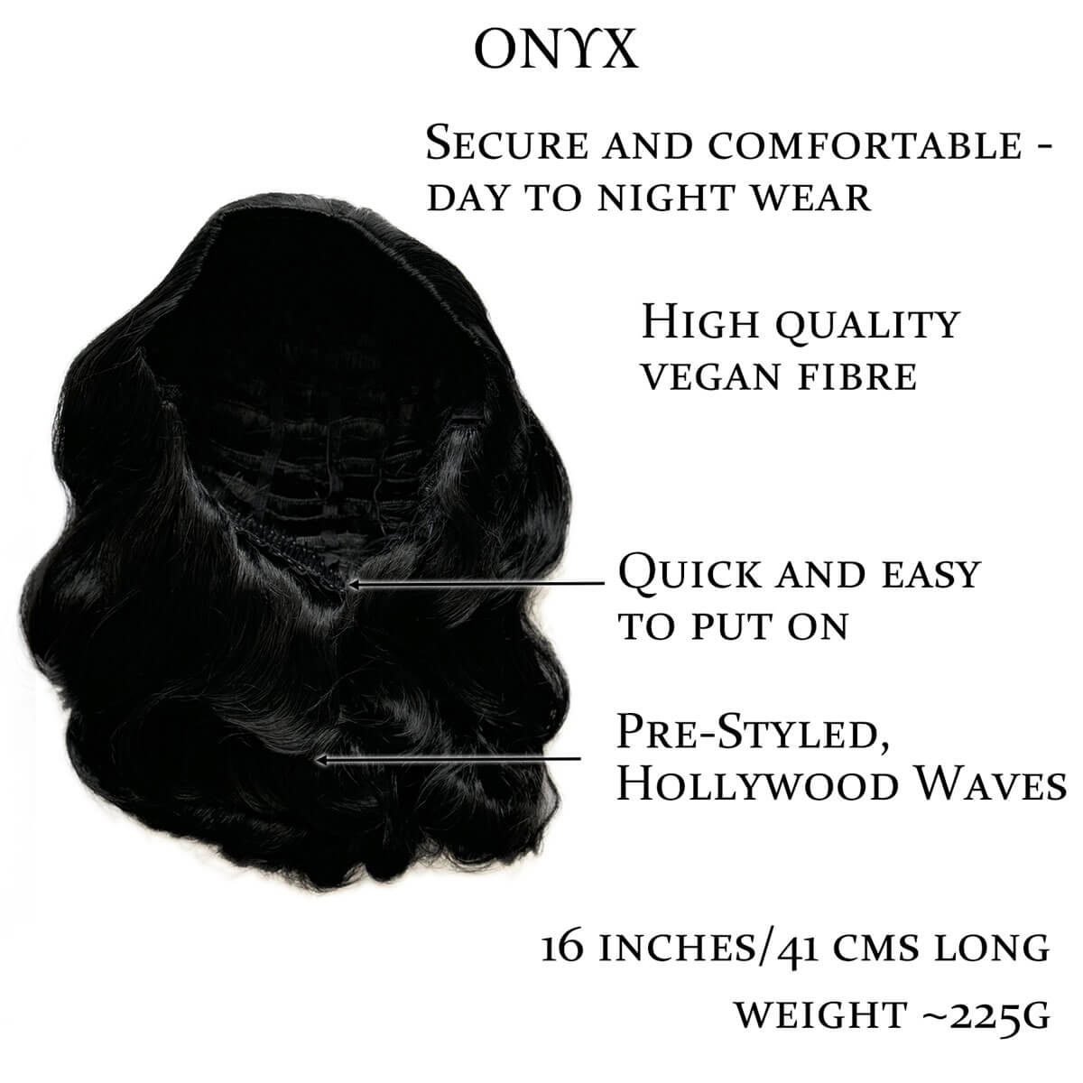 Black wig with text highlighting features on a white background. 1950s style shoulder length half wig hairpiece with beautiful vintage waves: Onyx colour jet black 1