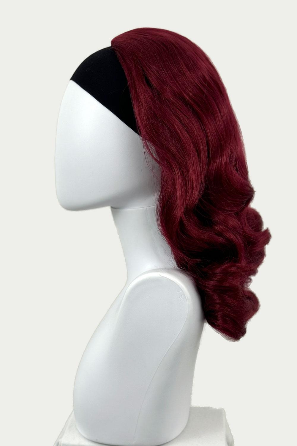 1950s style shoulder length half wig hairpiece with beautiful vintage waves: Onyx cherry red 39 from the side