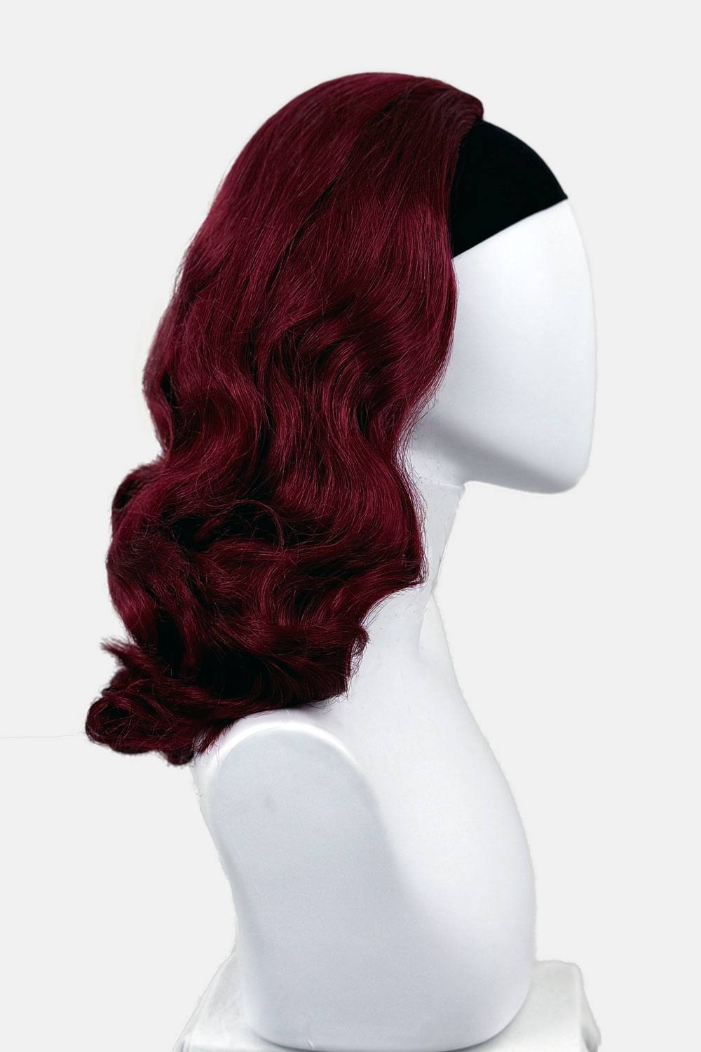 1950s style shoulder length half wig hairpiece with beautiful vintage waves: Onyx cherry red 39 from the side