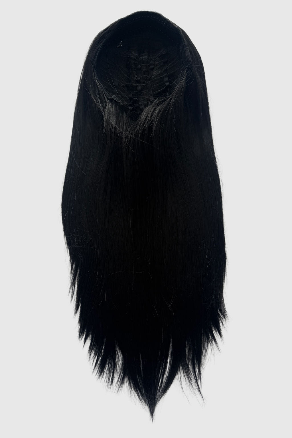 Black wig on a white background.  1960s style hair, high crown long straight half wig: Andrea black 1B