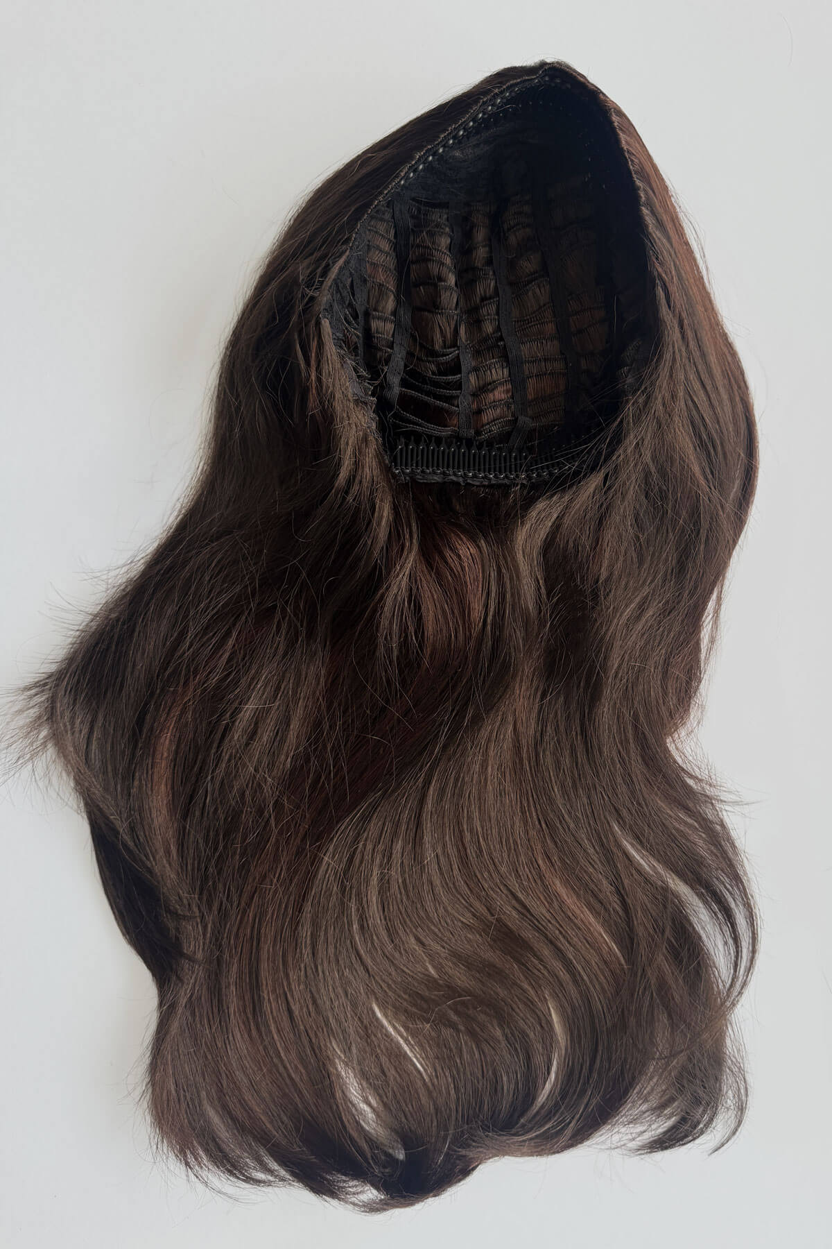 A long, wavy dark reddish brown wig with a dark brown to black interior mesh cap, shown against a plain grey background. Claudia - Volume Boosting Long Gentle Bouncy Layered Half wig dark reddish brown 6-33
