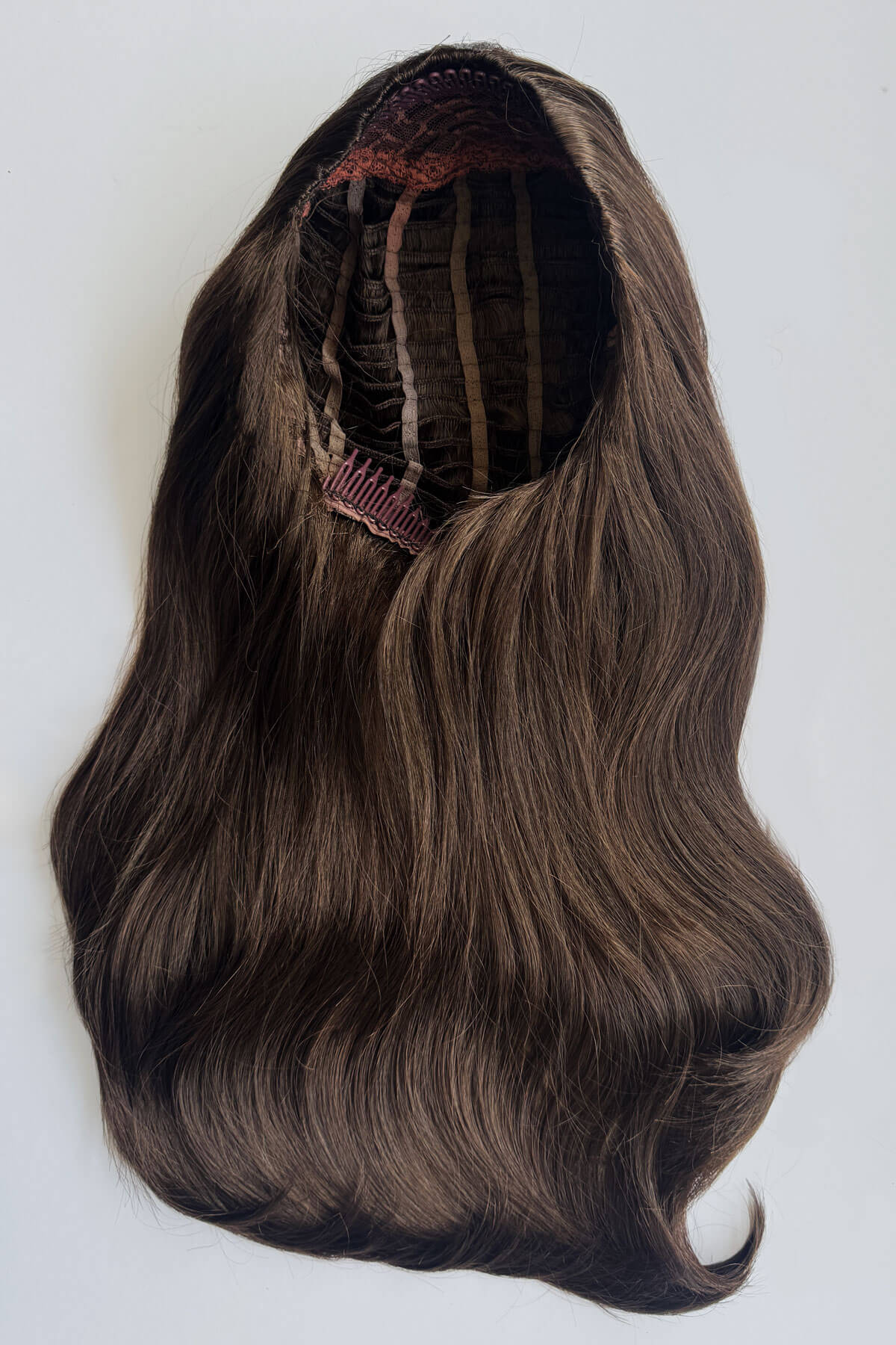 A long, wavy chestnut brown hair half wig with a dark brown interior band, shown against a plain white background. Claudia - Volume Boosting Long Gentle Bouncy Layered Half wig chestnut brown 8
