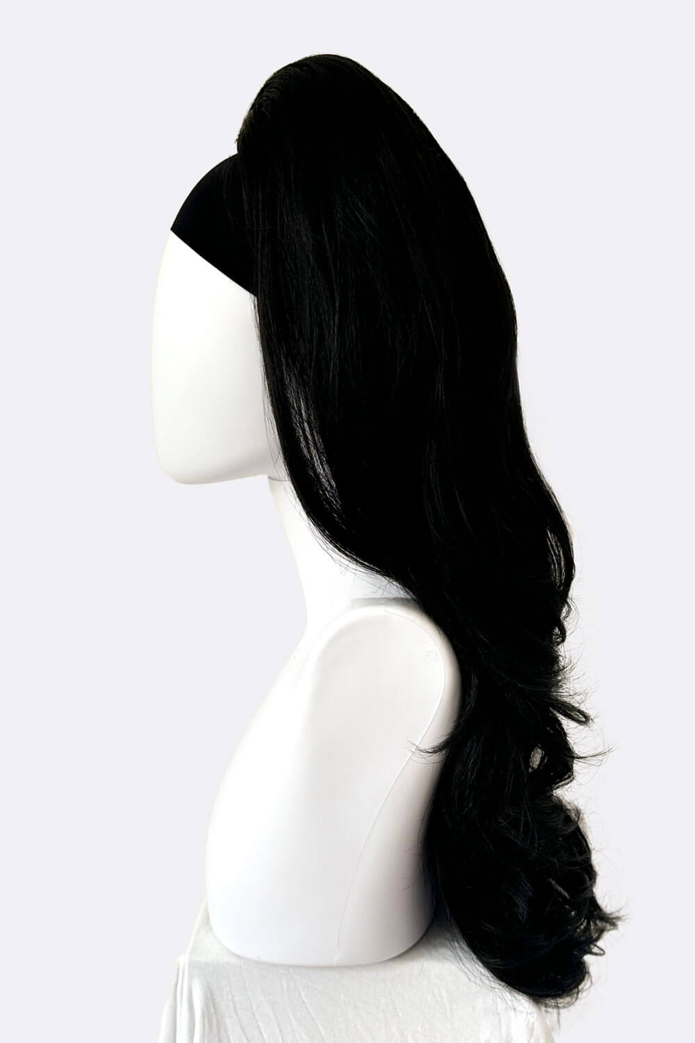 High crown long, wavy half wig and volume ring: Bardot black 1B