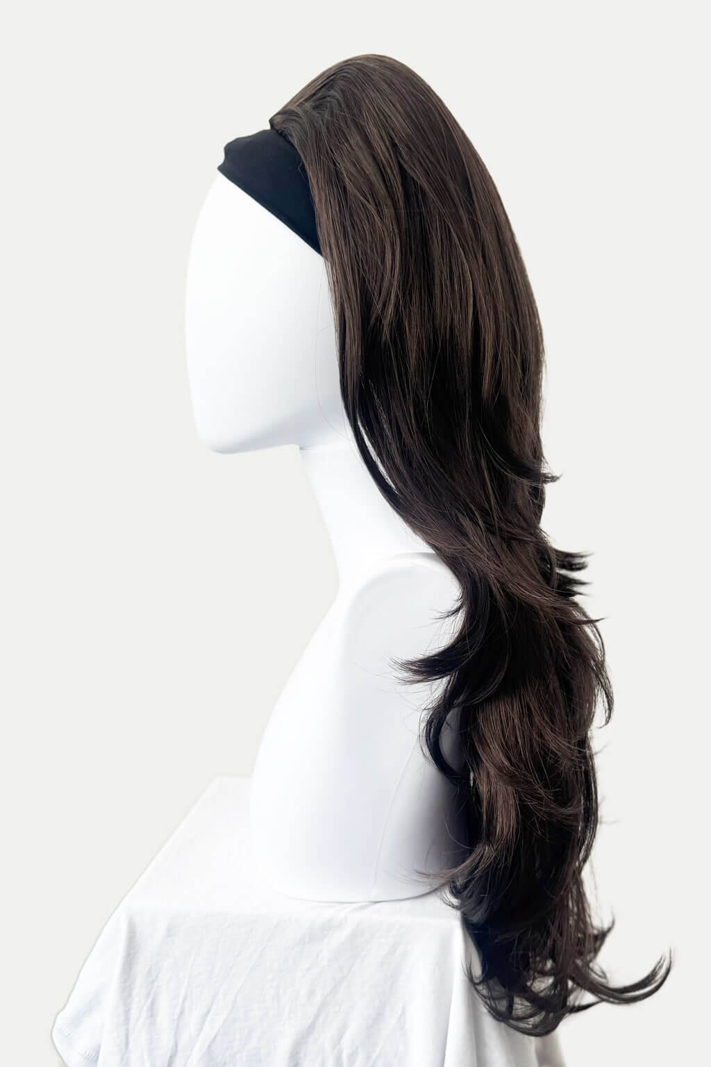 Mannequin head with a long dark brown wig on a white background - High crown long, layered half wig and volume ring: Helena chestnut brown 8