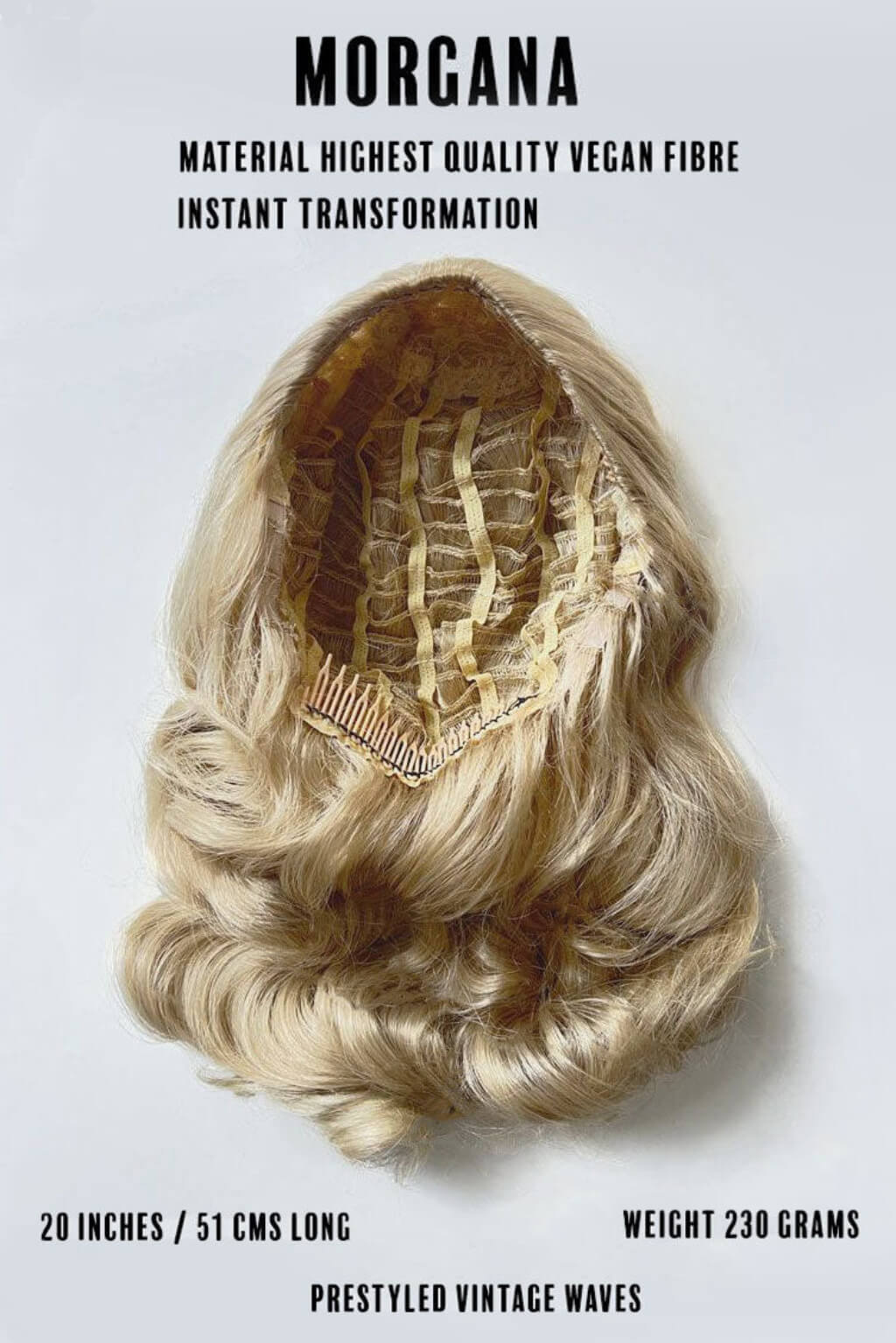 Blonde wig with a lace front on a light gray background, featuring text about the product's material and features.