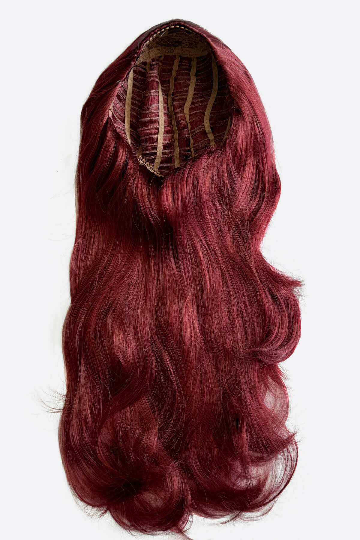 Red half wig with a white background.  Red half wig hairpiece (3/4 wig), gentle curls: Ivy copper red and wine red 350-39