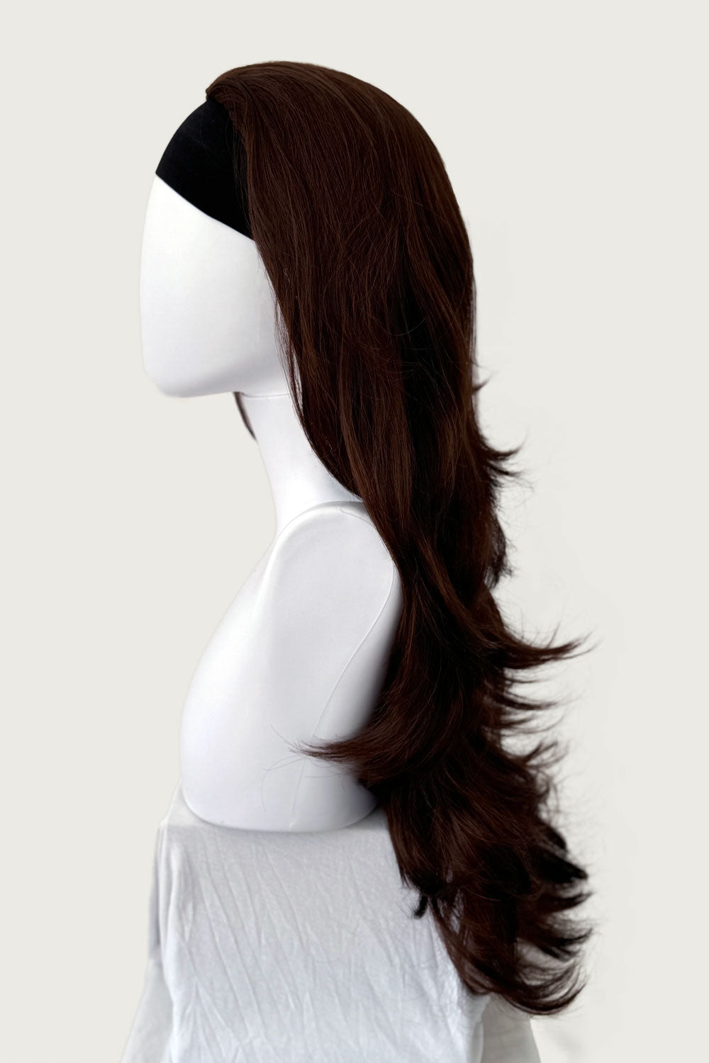 Reddish brown half wig hairpiece with long, gentle waves: Heather