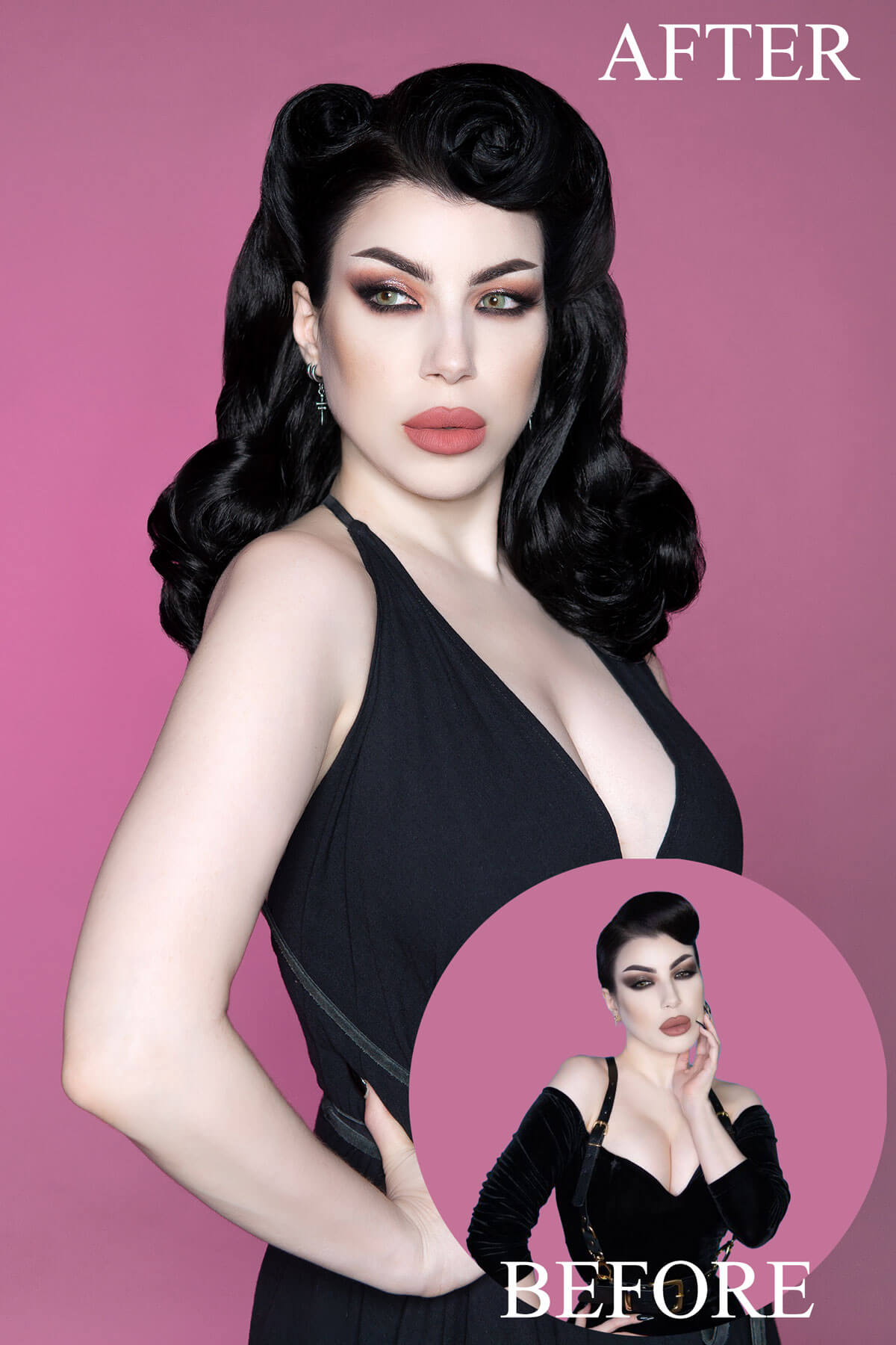 Woman in a black dress with makeup, 'After' on pink background, 'Before' inset. 1950s style shoulder length half wig hairpiece with beautiful vintage waves: Onyx blonde 24H613