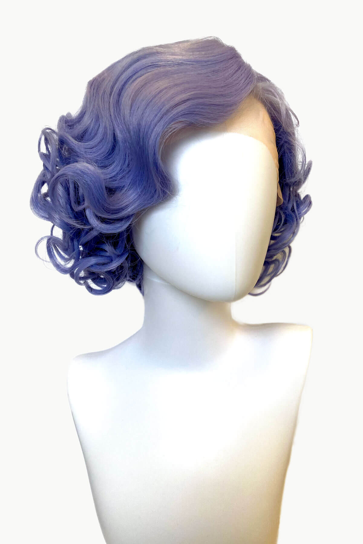 Bluey-Purple wig on a mannequin head against a white background.Blue pinup wig, lace front, vintage style: Leanora