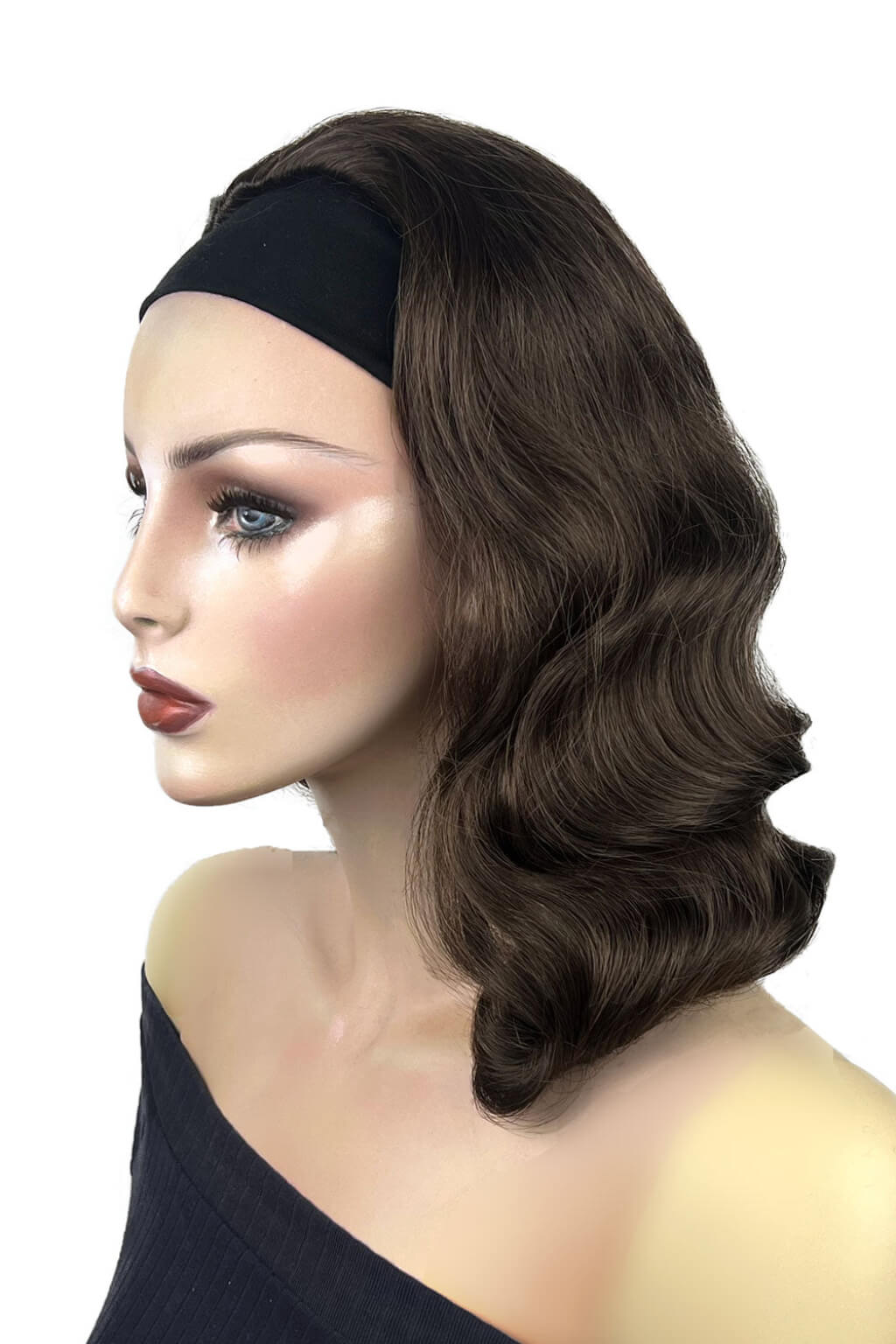 Mannequin head with brown wig and black headband on a white background. 1950s style half wig hairpiece with deep finger waves: Deborah brown 8