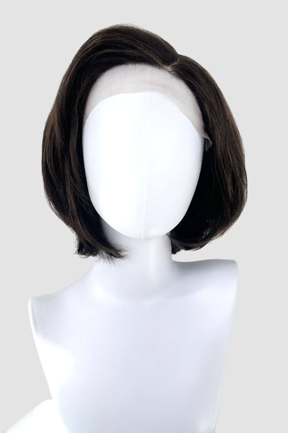 A brown Italian bob lacefront wig with blonde highlights displayed on a mannequin head. Lacefront wig, Italian bob, brown with blonde highlights: Lucia