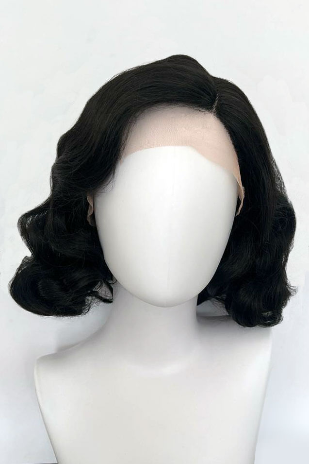 Black lacefront wig, pinup/vintage style, mid length with finger waves: Lilith black 1B gothic pictured from front
