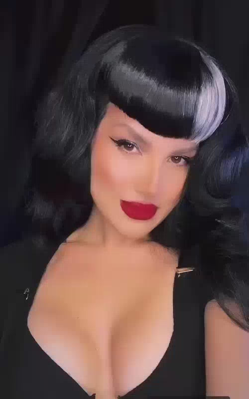 Clip-in fringe hairpiece/clip-in micro-bangs, thick, straight retro rockabilly style: Ida black with grey streak