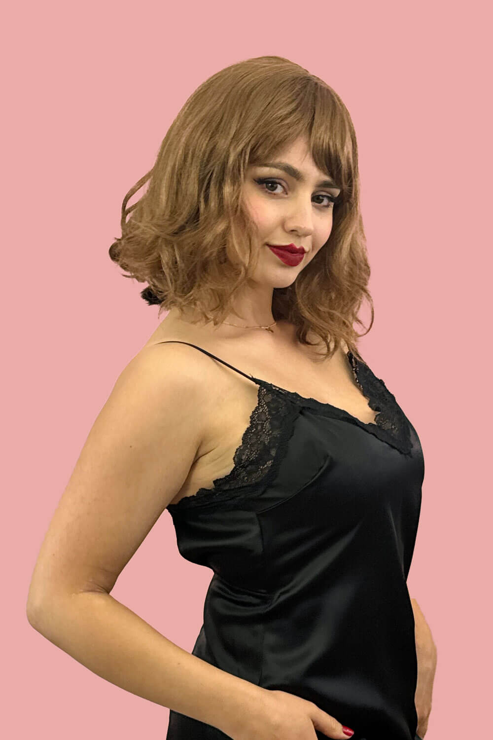 Brown long wavy bob (lob) wig with swept fringe: Clover