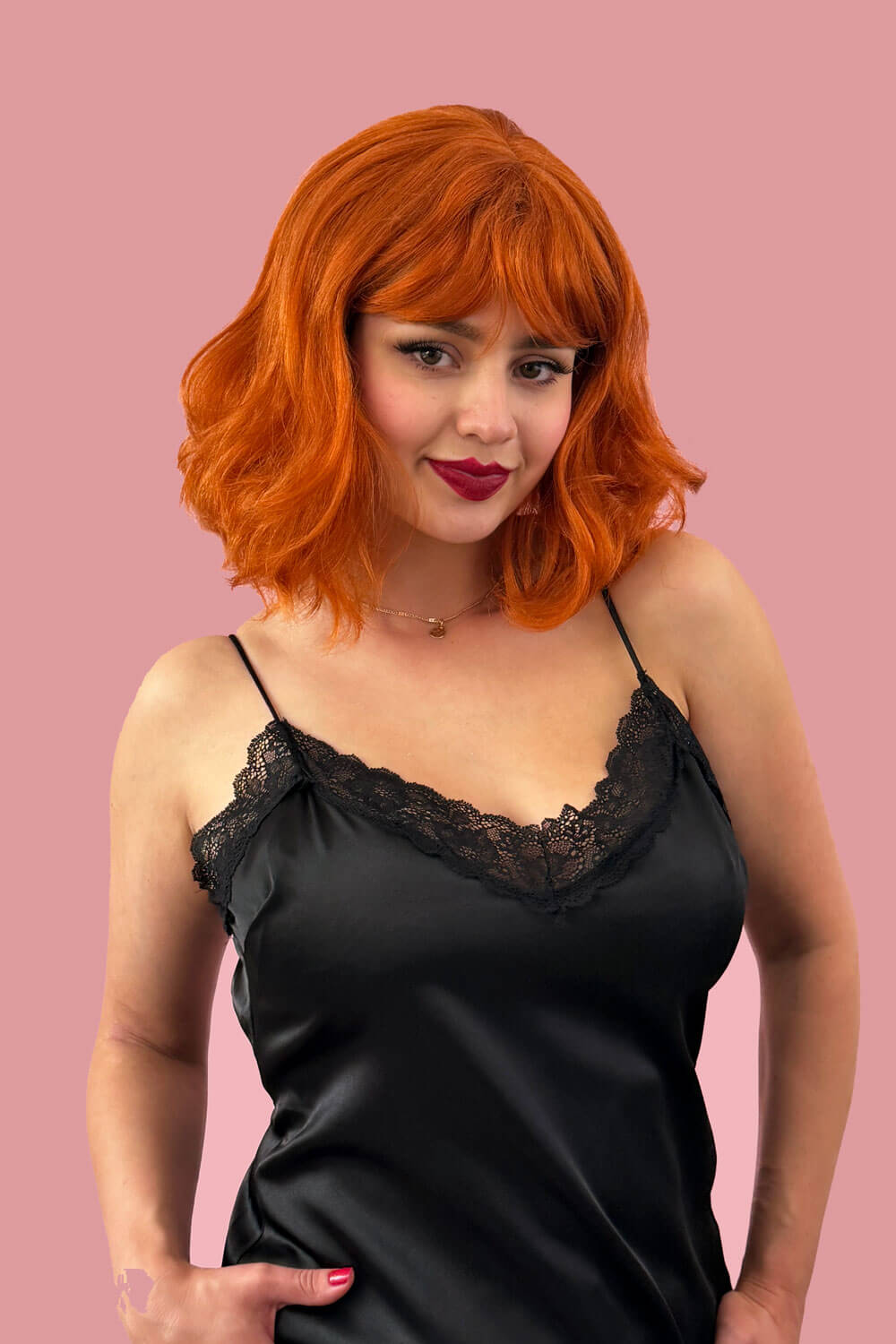Ginger long wavy bob (lob) wig with swept fringe: Rusty