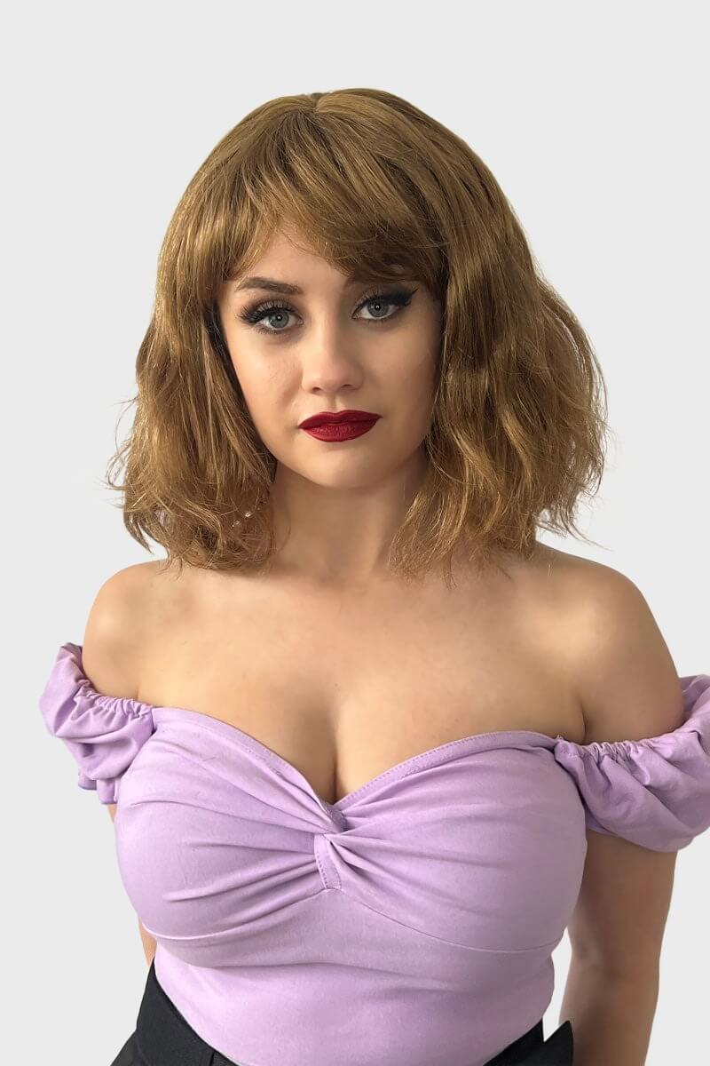 Brown long wavy bob (lob) wig with swept fringe: Clover