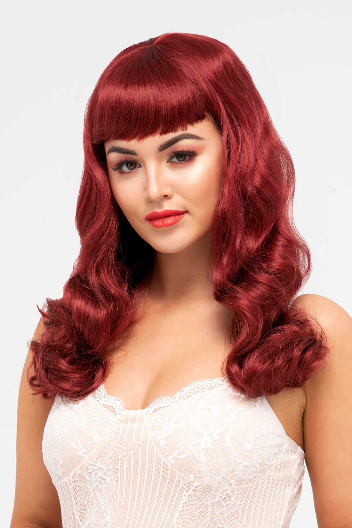 Long copper red 1950s pinup style wig, gently wavy with short fringe: Josefina