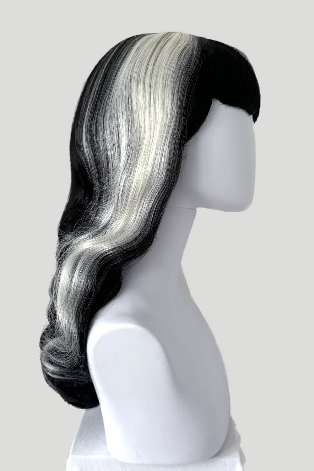 Long black 1950s pin up style wig with platinum streak and retro fringe: Michelle