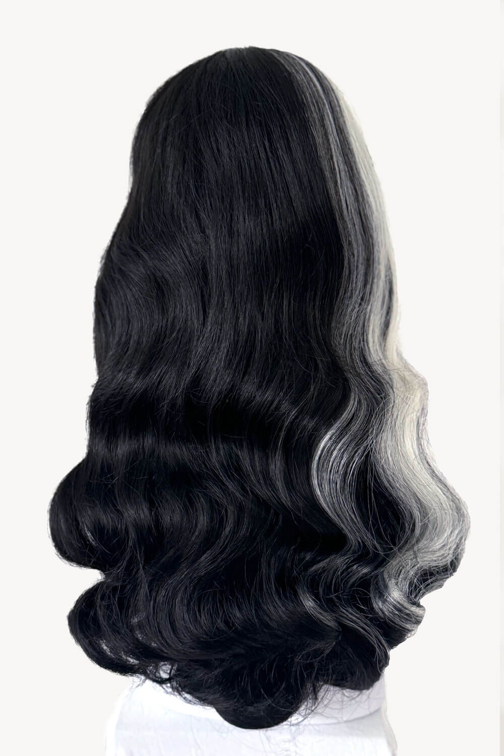 Long black 1950s pin up style wig with platinum streak and retro fringe: Michelle