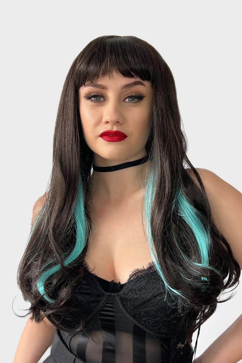 Long dark brown wig with blue streaks and a straight fringe: Cyane