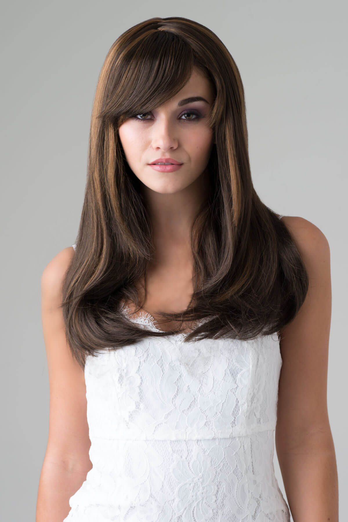 Chocolate brown wig, razor cut face frame style: Catherine